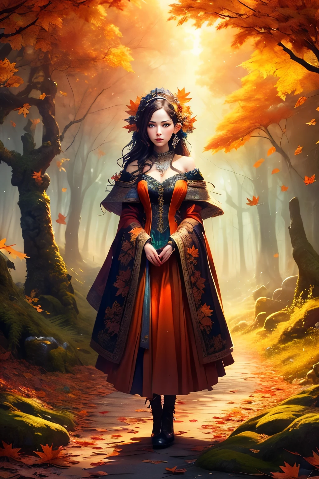 This is a (((highly detailed))) and (((hires))) fantasy image with (((many woodland elements))) and ((many colors)). Generate one interesting woman. The woman has striking eyes and beautiful eyes and ((colorful eyes)), with many colors and interesting patterns. Her clothing is soft and ornate, with flowing silks and sparkling gems. The woman is a (woodland faerie) standing in the midst of an autumn forest with hazy sunlight and (((many realistic red and orange leaves))) falling. The forest is thick with beautiful trees and rays of sunlight or moonlight. Include fall leaves in the air, wind, and chilly weather. Use dynamic composition and lighting to create a (compelling masterpiece). The image should be busy and chaotic with leaves swirling in the wind. Include shimmer, shimmering, fantastical details, (ultra-detailed), cheek blush, cheek flush, puffy lips, fanfo