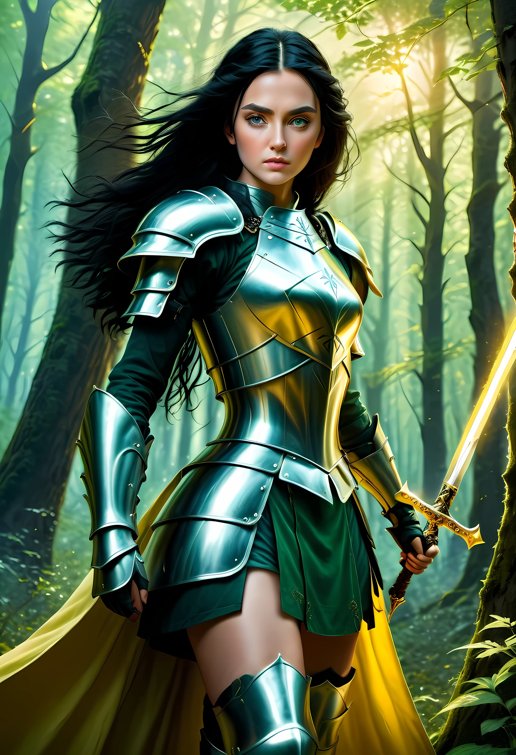 a picture of woman paladin of nature protecting the forest, a woman knight, black hair, long hair, full body (best details, Masterpiece, best quality :1.5), ultra detailed face (best details, Masterpiece, best quality :1.5), ultra feminine (best details, Masterpiece, best quality :1.5), (black hair: 1.2), long hair, braided hair, pale skin, (deep blue: 1.2) eyes, intense eyes, wearying heavy armor, (white armor: 1.2)  (best details, Masterpiece, best quality :1.5), (green cloak: 1.2) , armed with a sword, glowing sword GlowingRunes_yellow, fantasy forest background, D&D art, RPG art, magical atmosphere magic-fantasy-forest, ultra best realistic, best details, best quality, 16k, [ultra detailed], masterpiece, best quality, (extremely detailed), ultra wide shot, photorealism, depth of field, hyper realistic painting