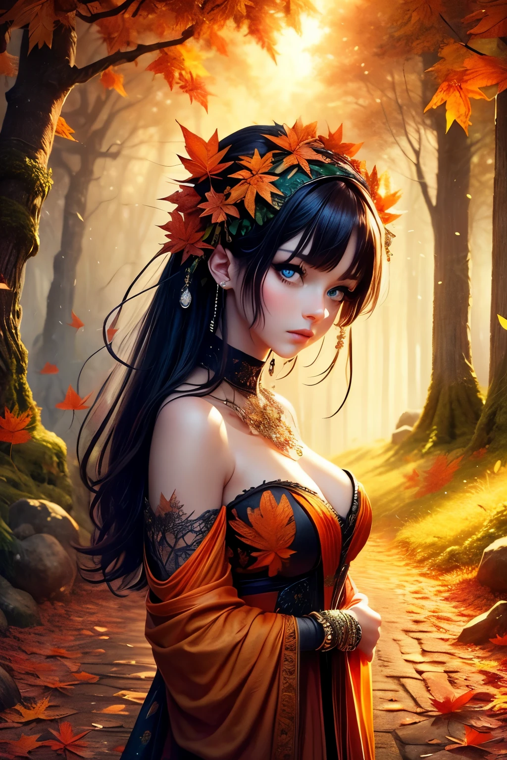 This is a (((highly detailed))) and (((hires))) fantasy image with (((many woodland elements))) and ((many colors)). Generate one interesting woman. The woman has striking eyes and beautiful eyes and ((colorful eyes)), with many colors and interesting patterns. Her clothing is soft and ornate, with flowing silks and sparkling gems. The woman is a (woodland faerie) standing in the midst of an autumn forest with hazy sunlight and (((many realistic red and orange leaves))) falling. The forest is thick with beautiful trees and rays of sunlight or moonlight. Include fall leaves in the air, wind, and chilly weather. Use dynamic composition and lighting to create a (compelling masterpiece). The image should be busy and chaotic with leaves swirling in the wind. Include shimmer, shimmering, fantastical details, (ultra-detailed), cheek blush, cheek flush, puffy lips, fanfo