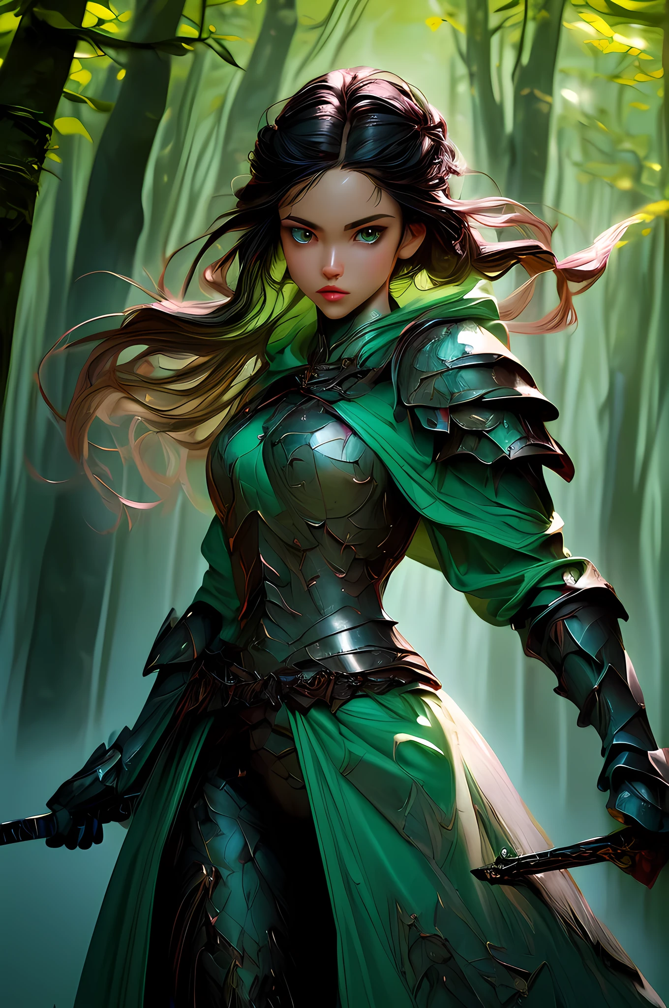 a picture of woman paladin of nature protecting the forest, a woman knight, black hair, long hair, full body (best details, Masterpiece, best quality :1.5), ultra detailed face (best details, Masterpiece, best quality :1.5), ultra feminine (best details, Masterpiece, best quality :1.5), (black hair: 1.2), long hair, braided hair, pale skin, (deep blue: 1.2) eyes, intense eyes, wearying heavy armor, (white armor: 1.2)  (best details, Masterpiece, best quality :1.5), (green cloak: 1.2) , armed with a sword, glowing sword GlowingRunes_yellow, fantasy forest background, D&D art, RPG art, magical atmosphere magic-fantasy-forest, ultra best realistic, best details, best quality, 16k, [ultra detailed], masterpiece, best quality, (extremely detailed), ultra wide shot, photorealism, depth of field, hyper realistic painting