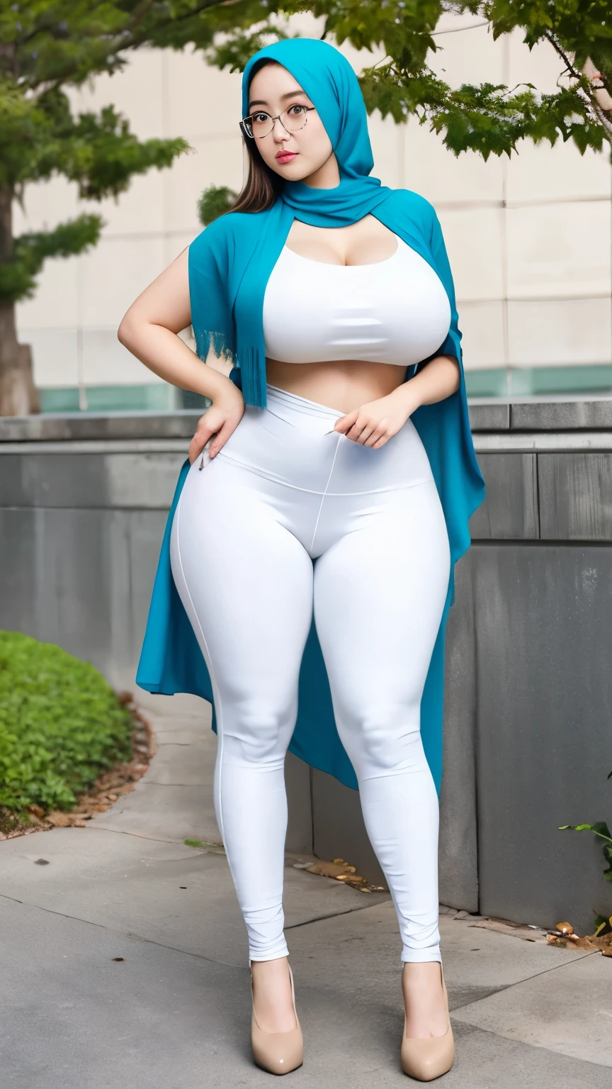 A woman in white pants and a blue cape is posing for a picture - SeaArt AI