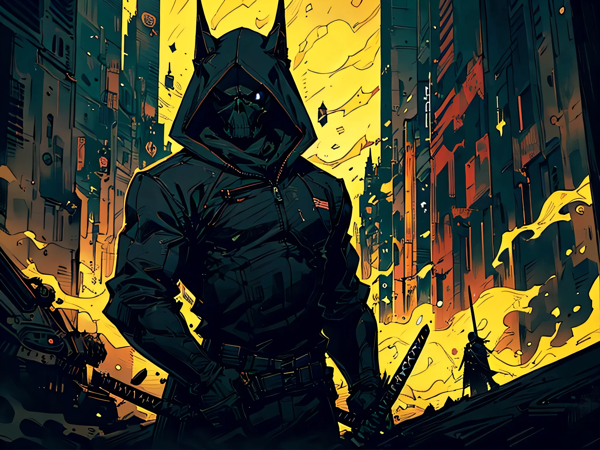 2d comics style ,a man, wearing black outfit suit, the suit is old and cheap, skull head mask ,holding a long katana, front view,  stunding straight (no pose),( just holding the gun), downtown background, neon light, outdoor, landscape, amazing perspective,