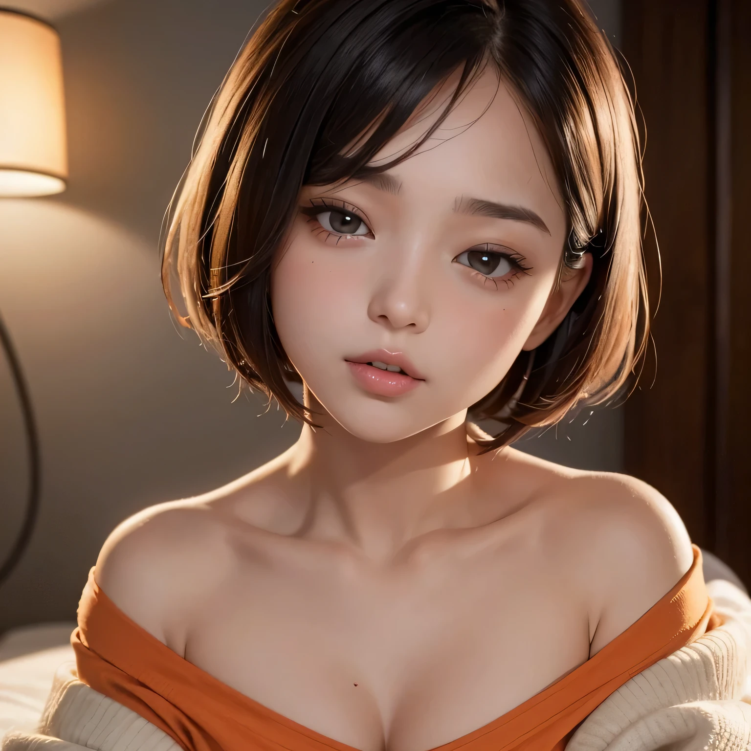 Amazing portrait of a sexy and cute girl with a short bob hairstyle and a seductive gaze who is blushing intensely with parted lips and is desperate and flustered and lustful wearing an off shoulder orange t shirt showcasing her bare shoulder while lying on bed