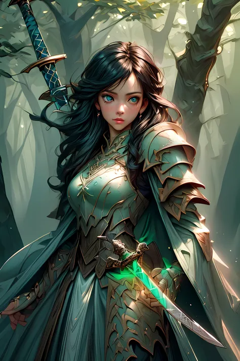 a picture of woman paladin of nature protecting the forest, a woman knight, black hair, long hair, full body (best details, mast...