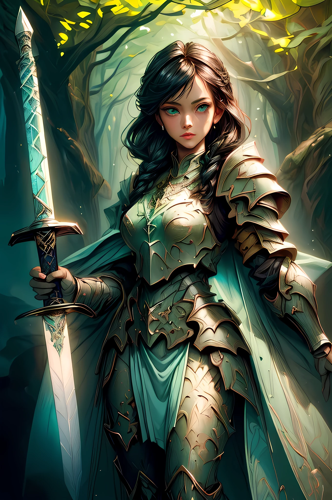 a picture of woman paladin of nature protecting the forest, a woman knight, black hair, long hair, full body (best details, Masterpiece, best quality :1.5), ultra detailed face (best details, Masterpiece, best quality :1.5), ultra feminine (best details, Masterpiece, best quality :1.5), (black hair: 1.2), long hair, braided hair, pale skin, (deep blue: 1.2) eyes, intense eyes, wearying heavy armor, (white armor: 1.2)  (best details, Masterpiece, best quality :1.5), (green cloak: 1.2) , armed with a sword, glowing sword GlowingRunes_yellow, fantasy forest background, D&D art, RPG art, magical atmosphere magic-fantasy-forest, ultra best realistic, best details, best quality, 16k, [ultra detailed], masterpiece, best quality, (extremely detailed), ultra wide shot, photorealism, depth of field, hyper realistic painting