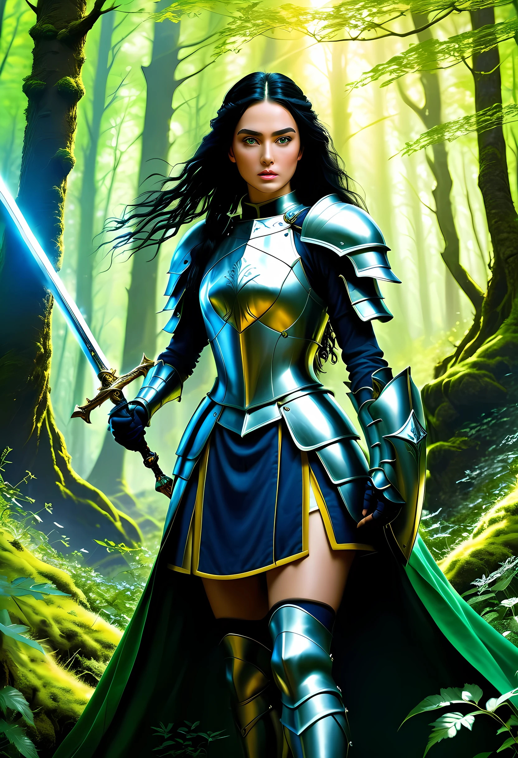 a picture of woman paladin of nature protecting the forest, a woman knight, black hair, long hair, full body (best details, Masterpiece, best quality :1.5), ultra detailed face (best details, Masterpiece, best quality :1.5), ultra feminine (best details, Masterpiece, best quality :1.5), (black hair: 1.2), long hair, braided hair, pale skin, (deep blue: 1.2) eyes, intense eyes, wearying heavy armor, (white armor: 1.2)  (best details, Masterpiece, best quality :1.5), (green cloak: 1.2) , armed with a sword, glowing sword GlowingRunes_yellow, fantasy forest background, D&D art, RPG art, magical atmosphere magic-fantasy-forest, ultra best realistic, best details, best quality, 16k, [ultra detailed], masterpiece, best quality, (extremely detailed), ultra wide shot, photorealism, depth of field, hyper realistic painting, ArmoredDress