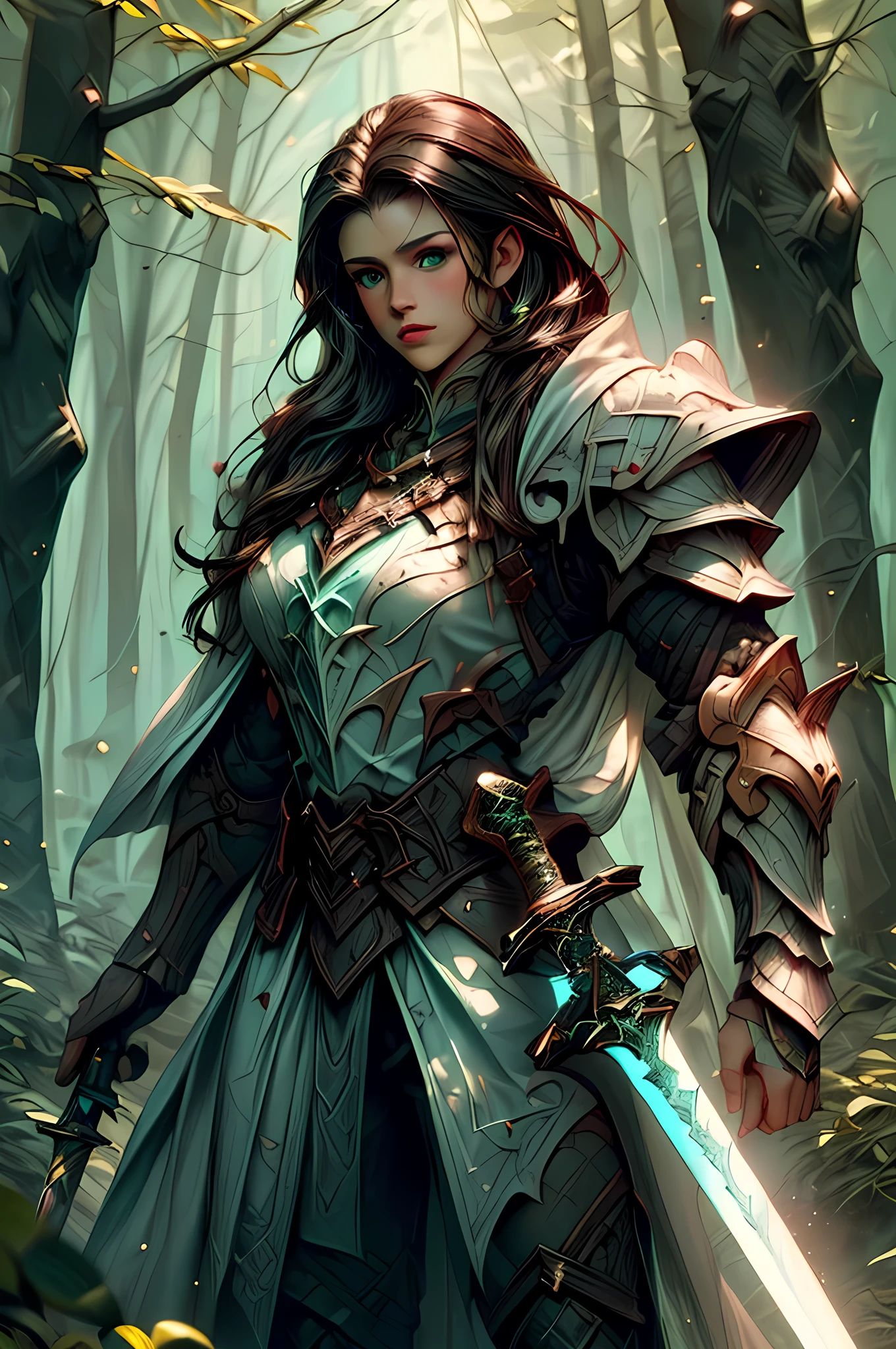 a picture of woman paladin of nature protecting the forest, a woman knight, black hair, long hair, full body (best details, Masterpiece, best quality :1.5), ultra detailed face (best details, Masterpiece, best quality :1.5), ultra feminine (best details, Masterpiece, best quality :1.5), (black hair: 1.2), long hair, braided hair, pale skin, (deep blue: 1.2) eyes, intense eyes, wearying heavy armor, (white armor: 1.2)  (best details, Masterpiece, best quality :1.5), (green cloak: 1.2) , armed with a sword, glowing sword GlowingRunes_yellow, fantasy forest background, D&D art, RPG art, magical atmosphere magic-fantasy-forest, ultra best realistic, best details, best quality, 16k, [ultra detailed], masterpiece, best quality, (extremely detailed), ultra wide shot, photorealism, depth of field, hyper realistic painting, ArmoredDress