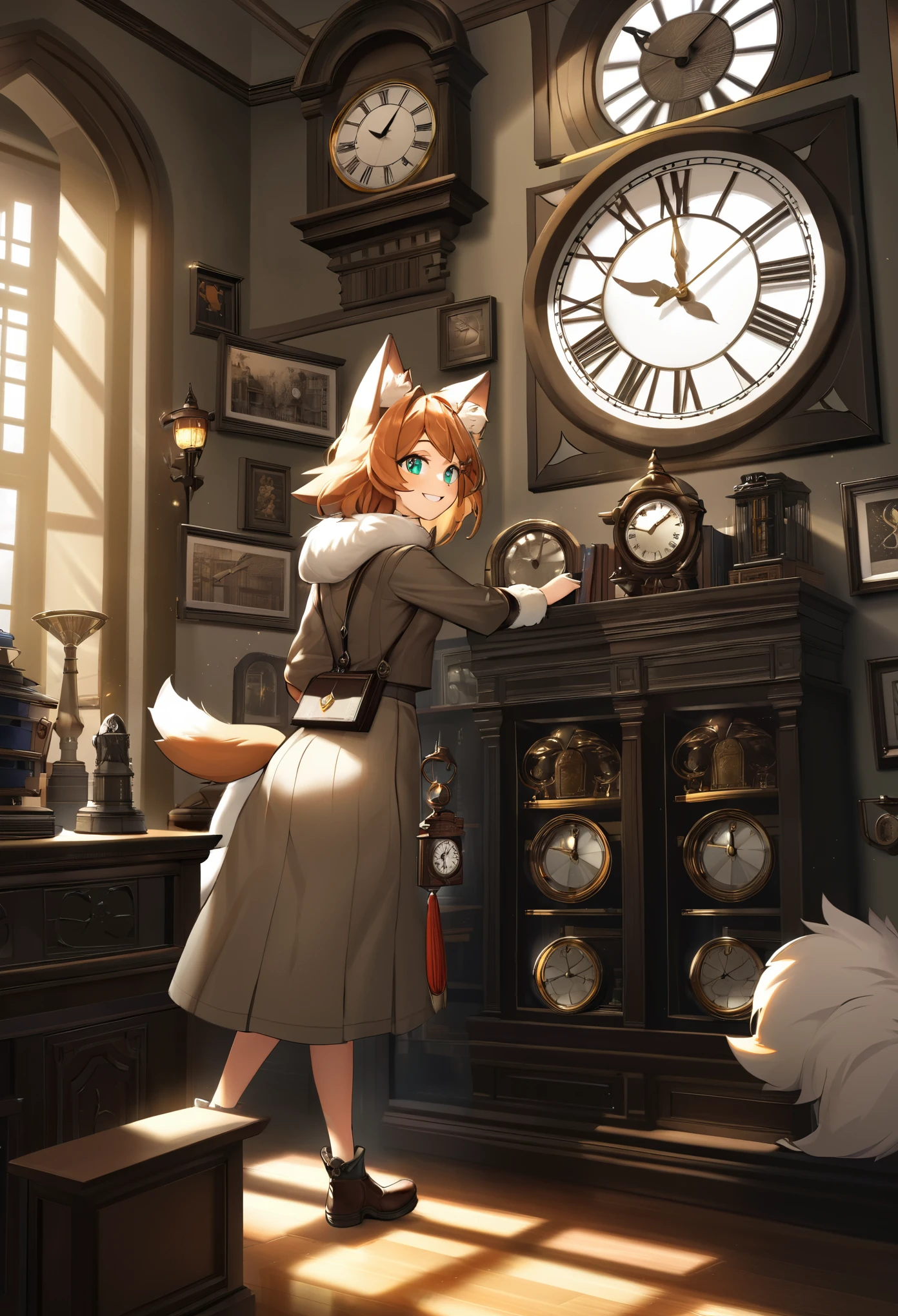 cover page, highres, top quality, best quality, paid reward available, unparalleled masterpiece, perfect artwork, absurdres, High-quality illustrations, super high resolution, detailed background, perfect anatomy(1girl, kemono, furry anthro, fearless smile, reach for the clock) in room with clock, fantasy artwork, cinematic lighting, Backlight,