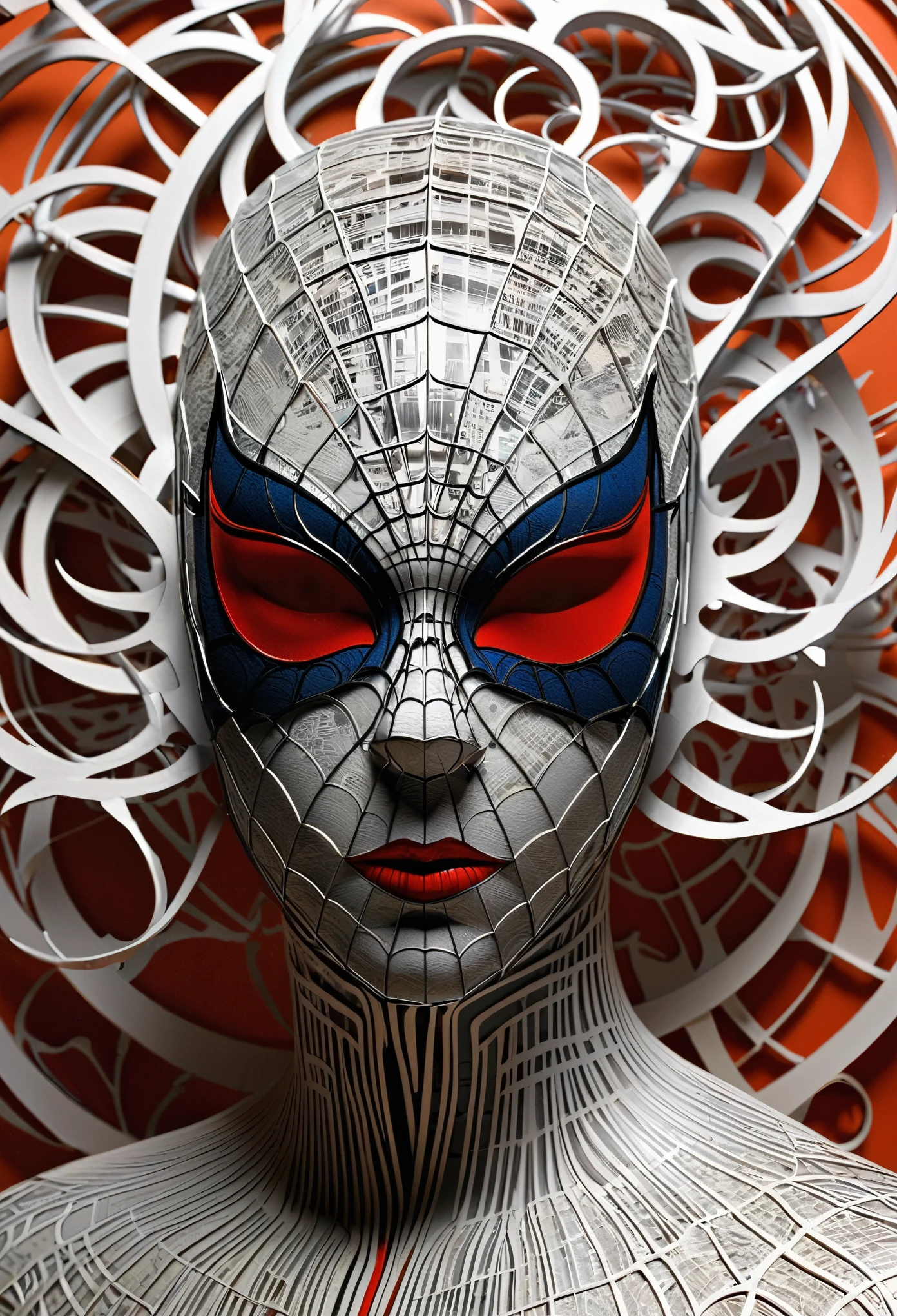  arafed image of a Newspaper with a spidermanpaper cut out of a head, 3D portrait, complicated 3D illustration, Newspaper illustration, detailed head, 3D-Illustration, Newspaper photography, by Matt Stewart, printed on paper, Newspaper, Detailed 3D digital art, hyper detailed face, inspired by Igor Morski, Newspaper style, made of paper, Futuristic Typography