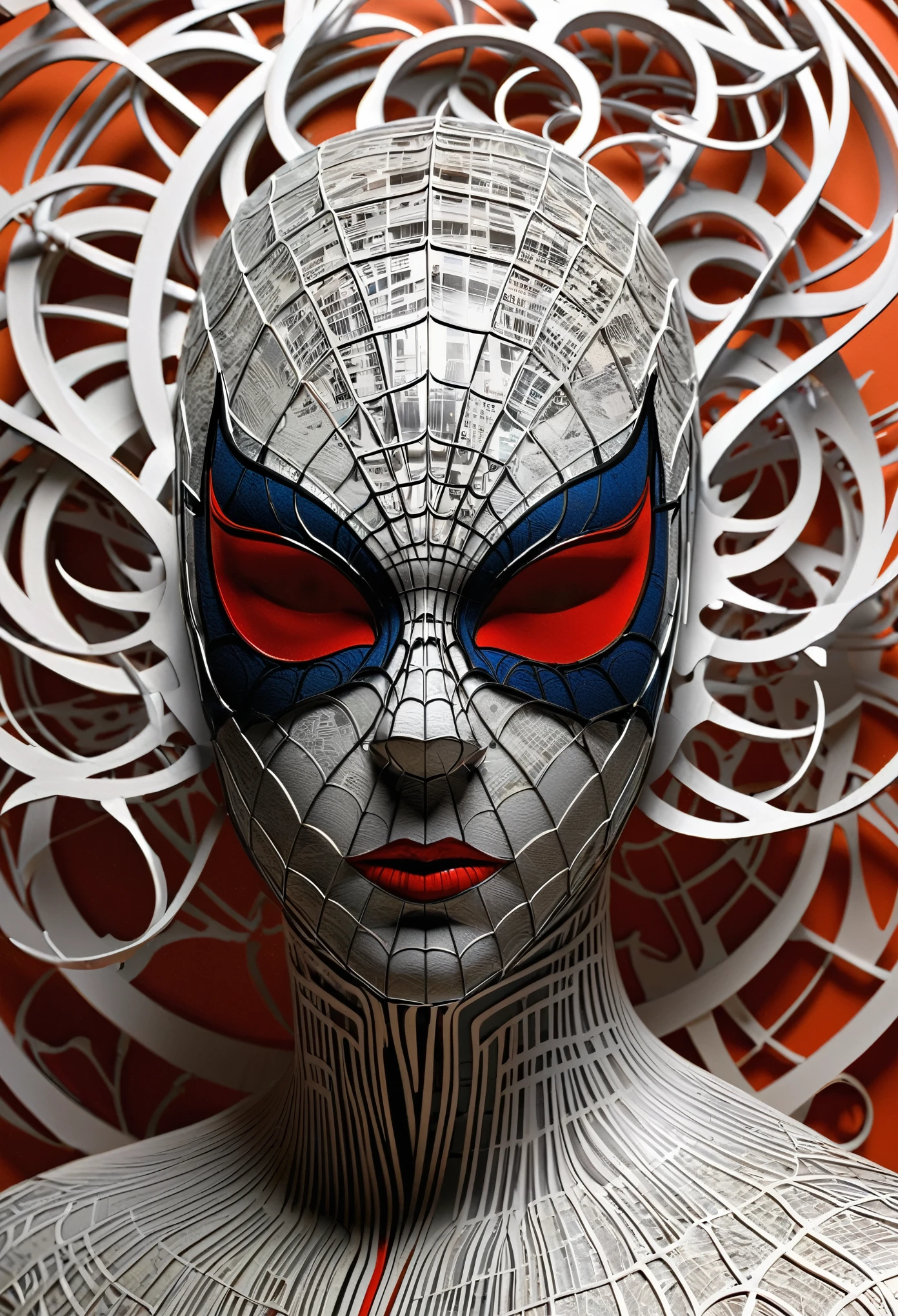  arafed image of a 新聞 with a spidermanpaper cut out of a head, 3Dポートレート, 複雑な3Dイラスト, 新聞 illustration, 詳細な頭, 3Dイラスト, 新聞 photography, マット・スチュワート, 紙に印刷された, 新聞, 詳細な 3D デジタル アート, 非常に詳細な顔, イーゴリ・モルスキにインスピレーションを得た, 新聞 style, 紙でできた, 未来的なタイポグラフィー