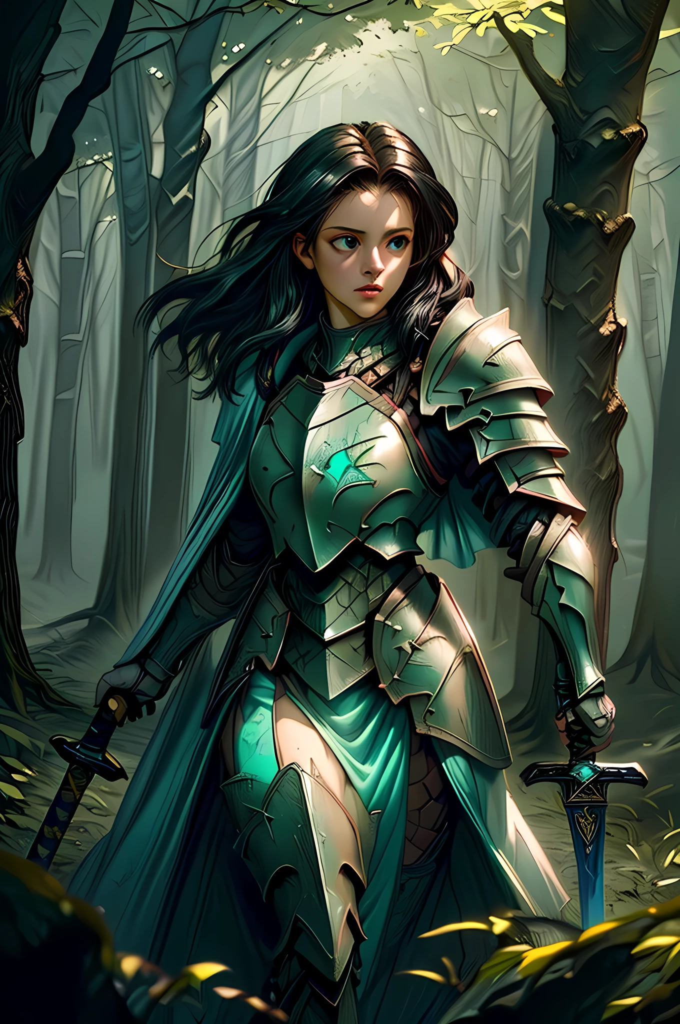 a picture of woman paladin of nature protecting the forest, a woman knight, black hair, long hair, full body (best details, Masterpiece, best quality :1.5), ultra detailed face (best details, Masterpiece, best quality :1.5), ultra feminine (best details, Masterpiece, best quality :1.5), (black hair: 1.2), long hair, braided hair, pale skin, (deep blue: 1.2) eyes, intense eyes, wearying heavy armor, (white armor: 1.2)  (best details, Masterpiece, best quality :1.5), (green cloak: 1.2) , armed with a sword, glowing sword GlowingRunes_yellow, fantasy forest background, D&D art, RPG art, magical atmosphere magic-fantasy-forest, ultra best realistic, best details, best quality, 16k, [ultra detailed], masterpiece, best quality, (extremely detailed), ultra wide shot, photorealism, depth of field, hyper realistic painting, ArmoredDress