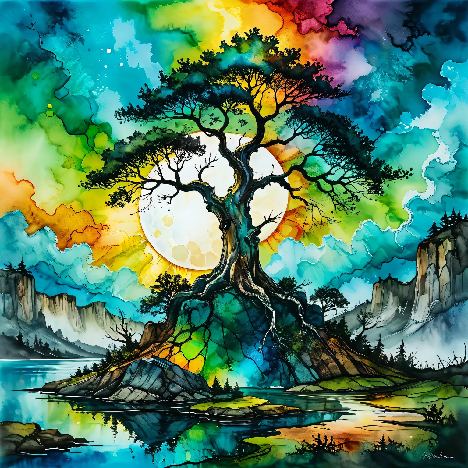 (The art of alcohol ink), the painting is painted with alcohol ink on textured paper and depicts a beautiful minimalistic landscape with a lonely old tree growing on a  rock, a tree with a gnarled trunk and a green crown, in the background a rainbow sky and bright sun, beautiful clouds are illuminated in different colors, the painting is made with alcohol ink, the work of a master, clear contours, 32k