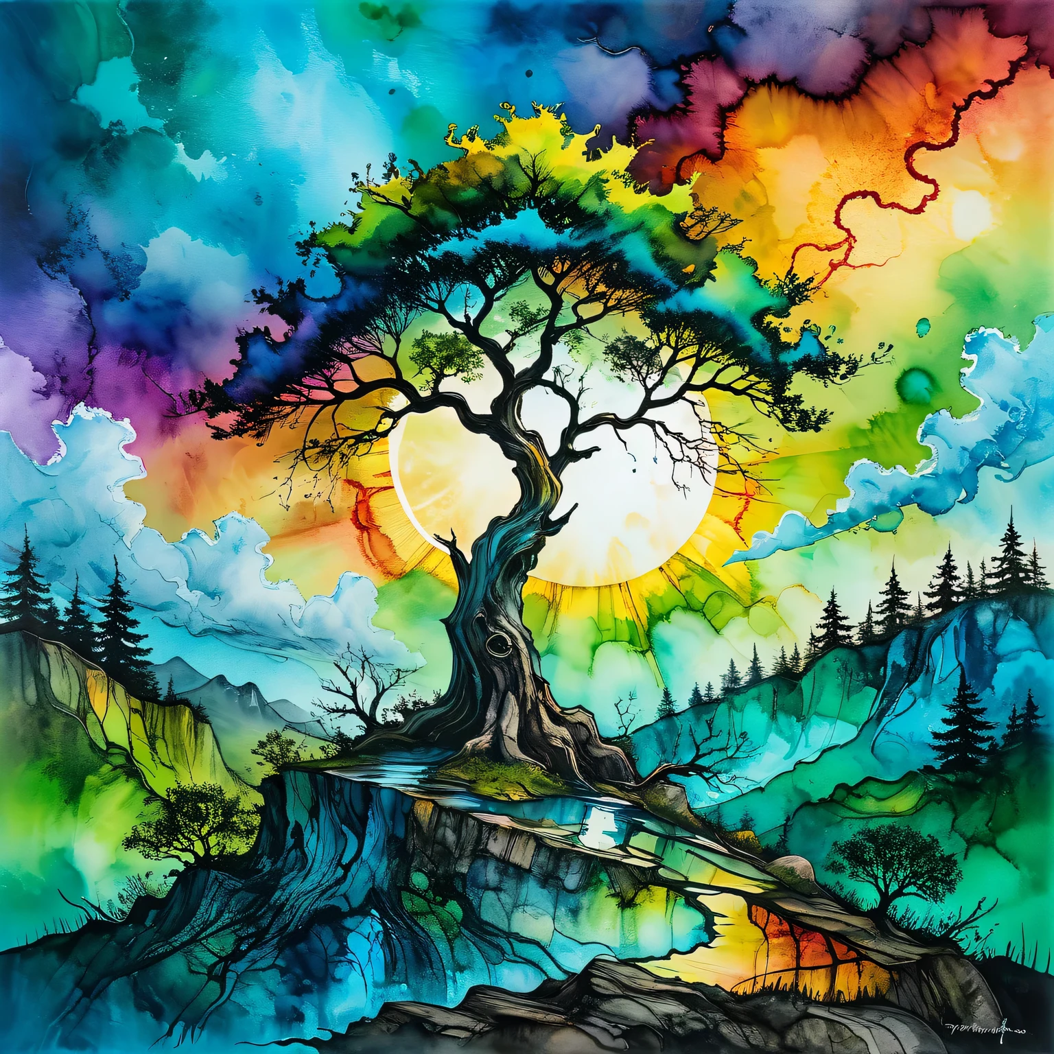 (The art of alcohol ink), the painting is painted with alcohol ink on textured paper and depicts a beautiful minimalistic landscape with a lonely old tree growing on a  rock, a tree with a gnarled trunk and a green crown, in the background a rainbow sky and bright sun, beautiful clouds are illuminated in different colors, the painting is made with alcohol ink, the work of a master, clear contours, 32k