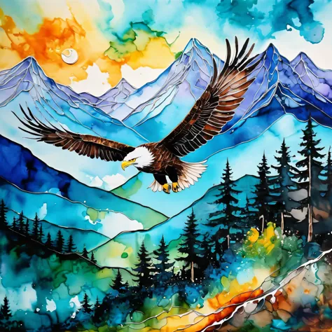 (The art of alcohol ink), the painting is painted with alcohol ink on textured paper and depicts a beautiful mountain landscape ...