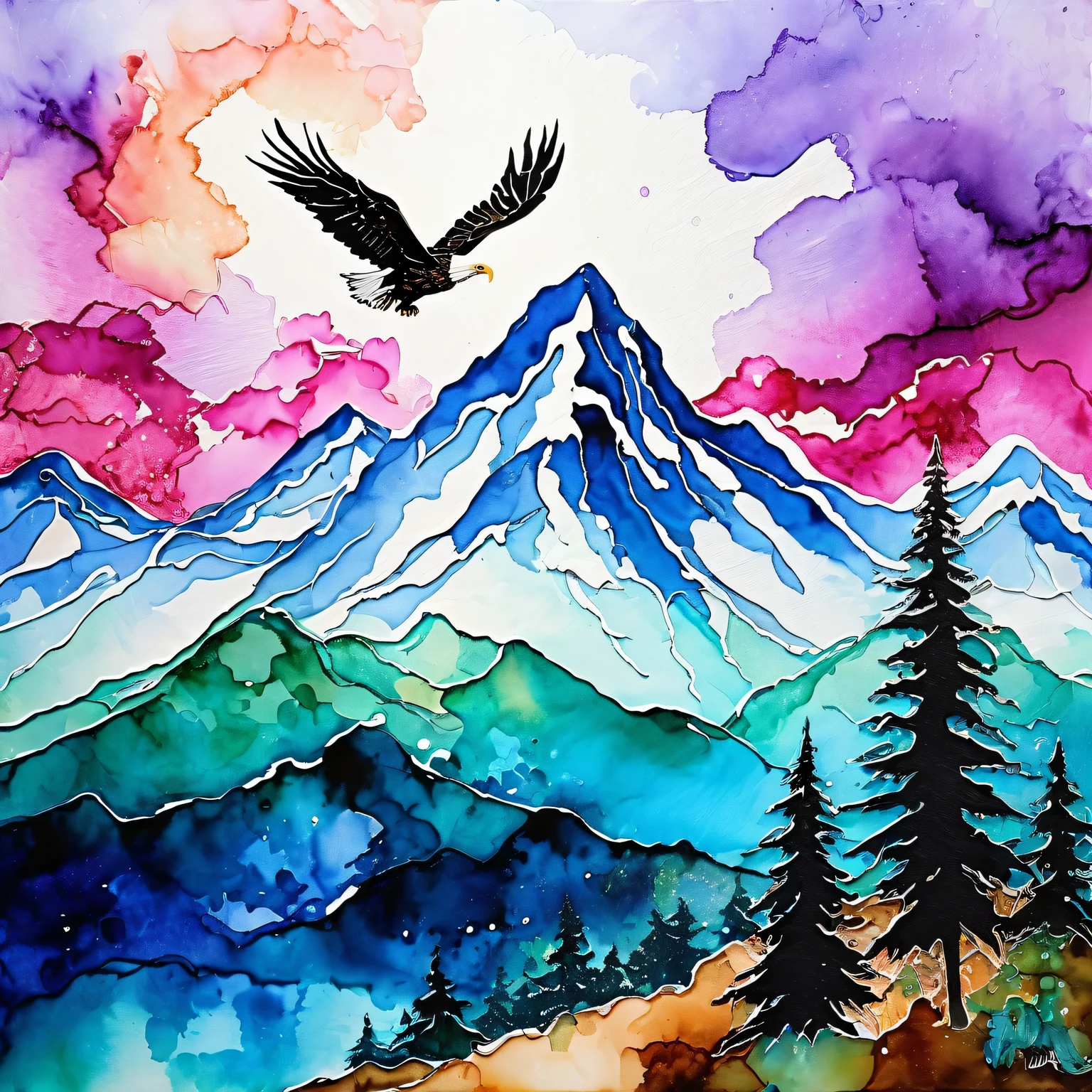 (The art of alcohol ink), the painting is painted with alcohol ink on textured paper and depicts a beautiful minimalistic landscape with a lonely old tree growing on a lonely rock, a tree with a gnarled trunk and a green crown, in the background a rainbow sky and bright sun, beautiful clouds are illuminated in different colors, the painting is made with alcohol ink, the work of a master, clear contours, 32k