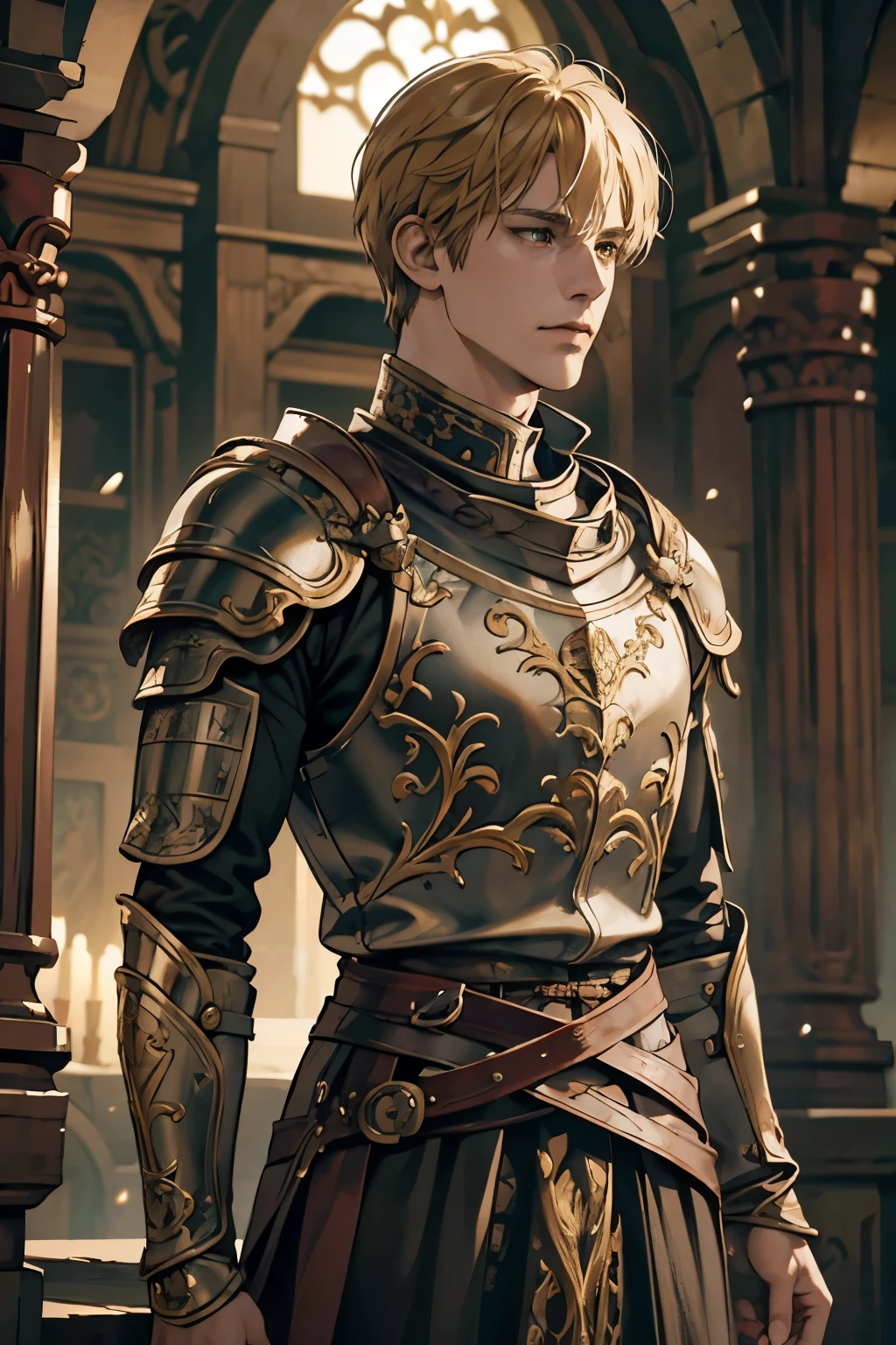 Jamie Lannister, portrayed as an anime character from the Game of Thrones series, presents a perfect depiction with highly detailed attire and accessories. His intricately designed armor, gleaming gold accents, and meticulously crafted sword add to his regal elegance. Anime Jamie's anatomy is highly accurate, capturing every muscle tone and contour of the original character.

The cinematic colour grading used in this illustration brings the scene to life. The shallow depth of field focuses the viewer's attention on Jamie, with the background gently blurred, creating a sense of depth and realism. The intricate details of his armor and the subtle textures of