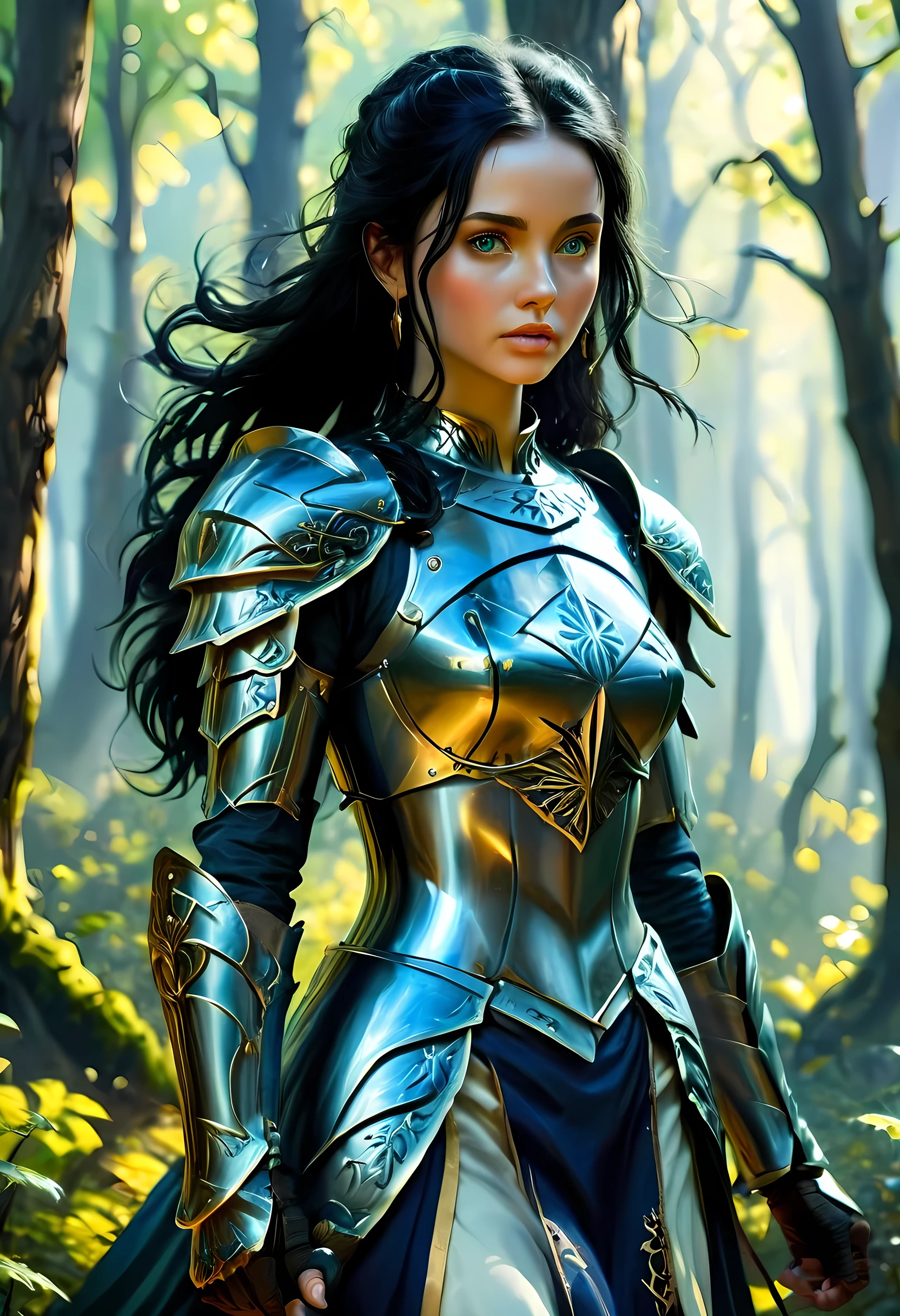 a picture of woman paladin of nature protecting the forest, a woman knight, black hair, long hair, full body (best details, Masterpiece, best quality :1.5), ultra detailed face (best details, Masterpiece, best quality :1.5), ultra feminine (best details, Masterpiece, best quality :1.5), (black hair: 1.2), long hair, braided hair, pale skin, (deep blue: 1.2) eyes, intense eyes, wearying heavy armor, (white armor: 1.2)  (best details, Masterpiece, best quality :1.5), (green cloak: 1.2) , armed with a sword, glowing sword GlowingRunes_yellow, fantasy forest background, D&D art, RPG art, magical atmosphere magic-fantasy-forest, ultra best realistic, best details, best quality, 16k, [ultra detailed], masterpiece, best quality, (extremely detailed), ultra wide shot, photorealism, depth of field, hyper realistic painting, ArmoredDress