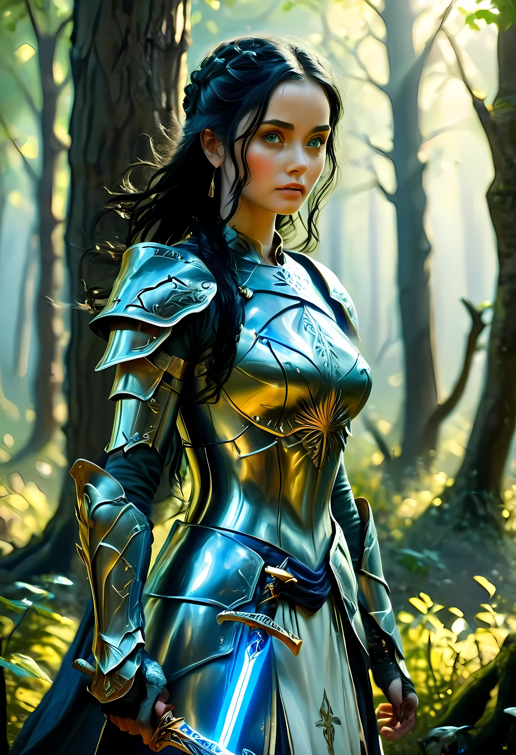 a picture of woman paladin of nature protecting the forest, a woman knight, black hair, long hair, full body (best details, Masterpiece, best quality :1.5), ultra detailed face (best details, Masterpiece, best quality :1.5), ultra feminine (best details, Masterpiece, best quality :1.5), (black hair: 1.2), long hair, braided hair, pale skin, (deep blue: 1.2) eyes, intense eyes, wearying heavy armor, (white armor: 1.2)  (best details, Masterpiece, best quality :1.5), (green cloak: 1.2) , armed with a sword, glowing sword GlowingRunes_yellow, fantasy forest background, D&D art, RPG art, magical atmosphere magic-fantasy-forest, ultra best realistic, best details, best quality, 16k, [ultra detailed], masterpiece, best quality, (extremely detailed), ultra wide shot, photorealism, depth of field, hyper realistic painting, ArmoredDress