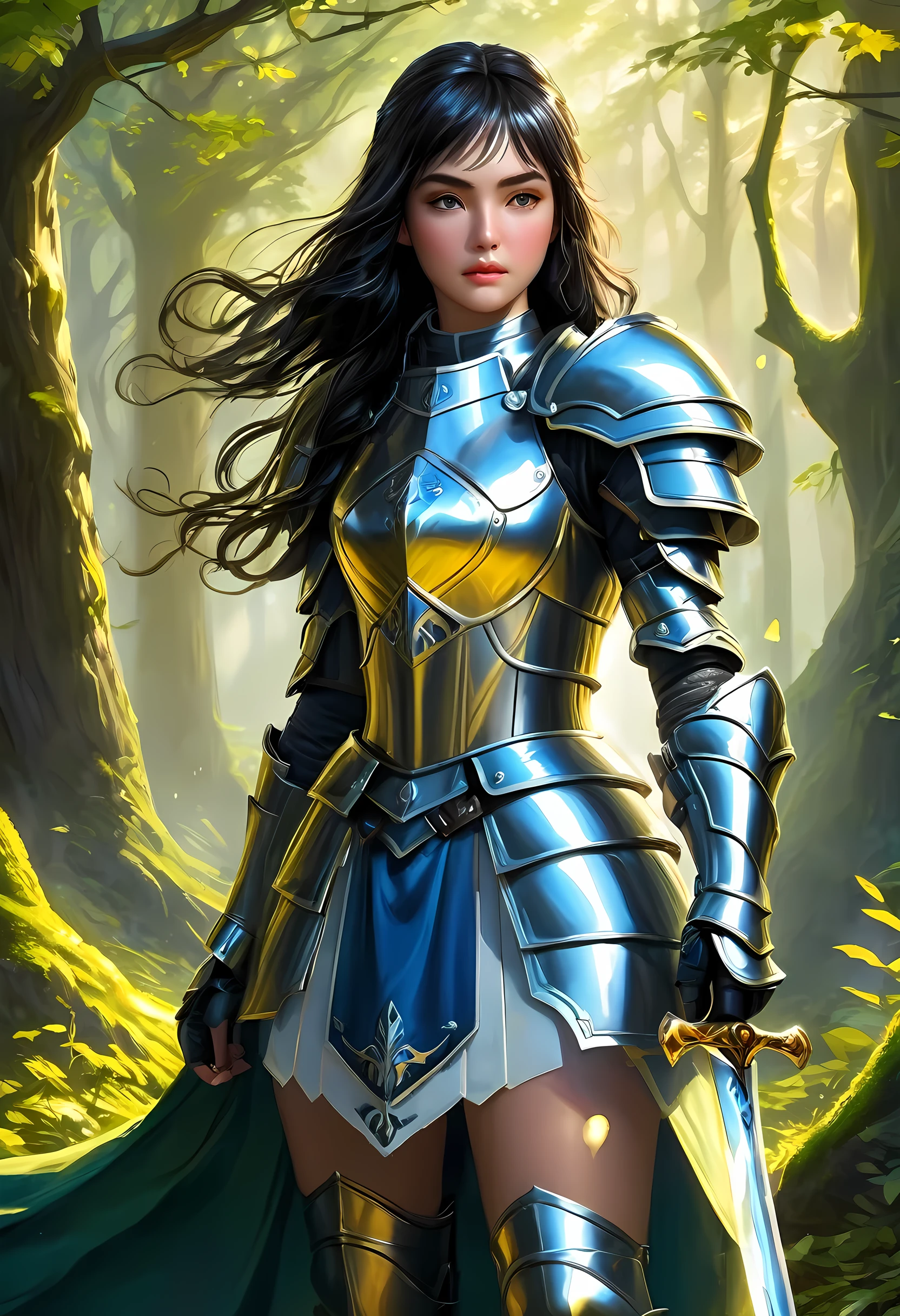 a picture of woman paladin of nature protecting the forest, a woman knight, black hair, long hair, full body (best details, Masterpiece, best quality :1.5), ultra detailed face (best details, Masterpiece, best quality :1.5), ultra feminine (best details, Masterpiece, best quality :1.5), (black hair: 1.2), long hair, braided hair, pale skin, (deep blue: 1.2) eyes, intense eyes, wearying heavy armor, (white armor: 1.2)  (best details, Masterpiece, best quality :1.5), (green cloak: 1.2) , armed with a sword, glowing sword GlowingRunes_yellow, fantasy forest background, D&D art, RPG art, magical atmosphere magic-fantasy-forest, ultra best realistic, best details, best quality, 16k, [ultra detailed], masterpiece, best quality, (extremely detailed), ultra wide shot, photorealism, depth of field, hyper realistic painting, ArmoredDress