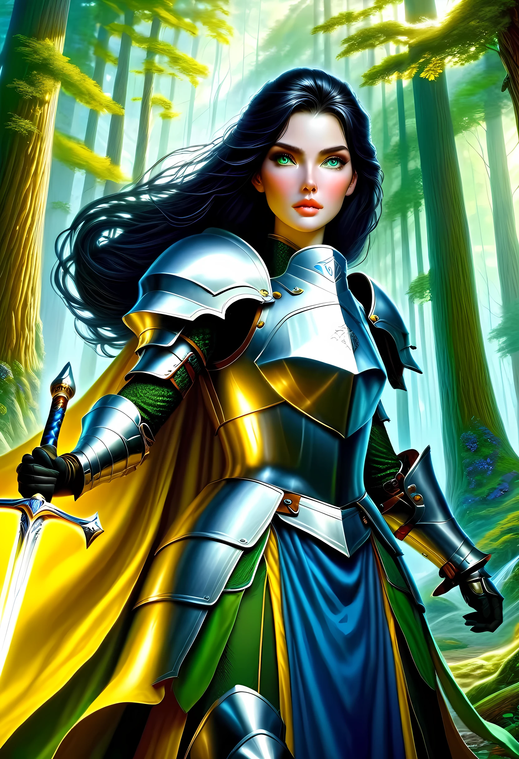 a picture of woman paladin of nature protecting the forest, a woman knight, black hair, long hair, full body (best details, Masterpiece, best quality :1.5), ultra detailed face (best details, Masterpiece, best quality :1.5), ultra feminine (best details, Masterpiece, best quality :1.5), (black hair: 1.2), long hair, braided hair, pale skin, (deep blue: 1.2) eyes, intense eyes, wearying heavy armor, (white armor: 1.2)  (best details, Masterpiece, best quality :1.5), (green cloak: 1.2) , armed with a sword, glowing sword GlowingRunes_yellow, fantasy forest background, D&D art, RPG art, magical atmosphere magic-fantasy-forest, ultra best realistic, best details, best quality, 16k, [ultra detailed], masterpiece, best quality, (extremely detailed), ultra wide shot, photorealism, depth of field, hyper realistic painting, ArmoredDress