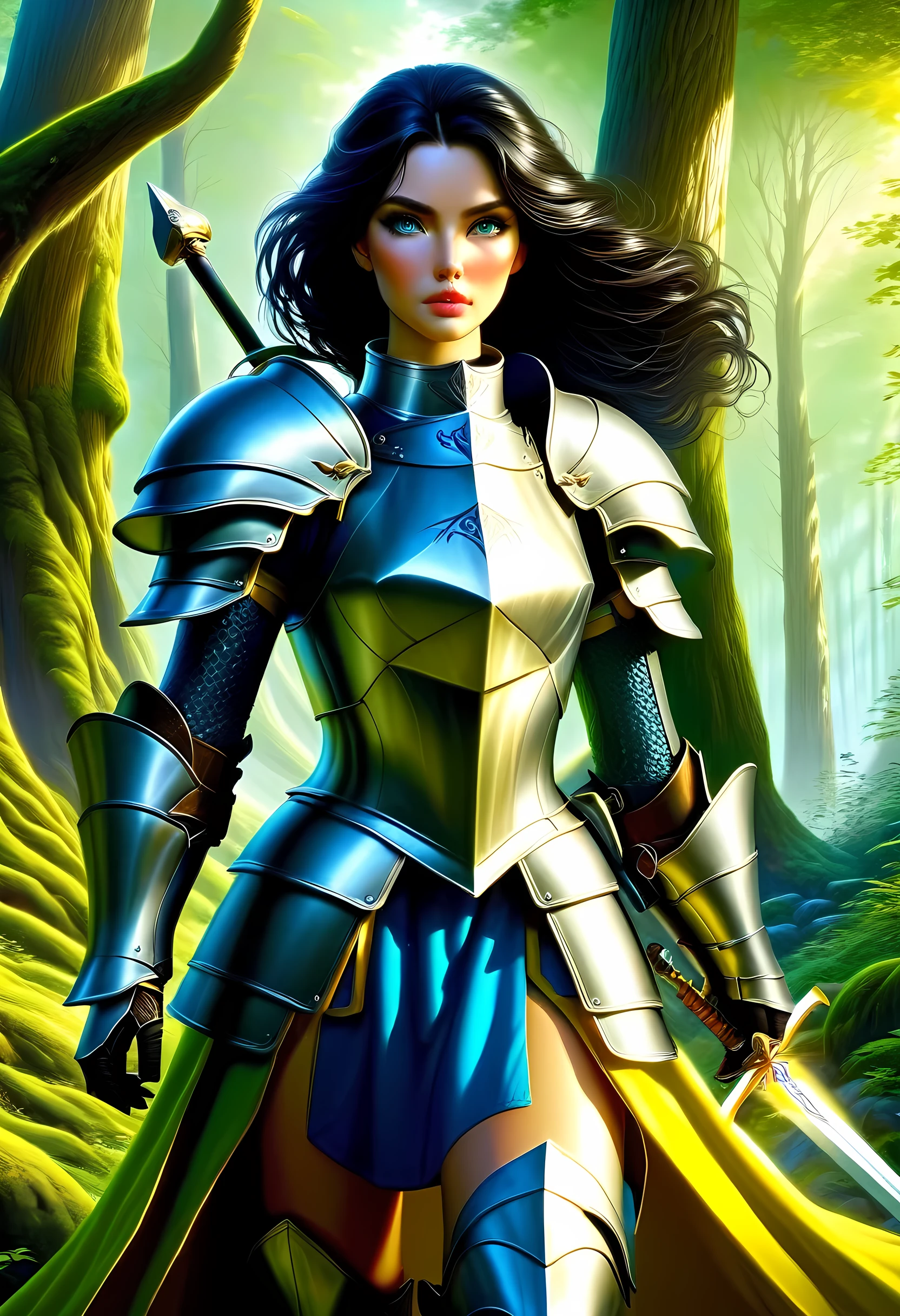 a picture of woman paladin of nature protecting the forest, a woman knight, black hair, long hair, full body (best details, Masterpiece, best quality :1.5), ultra detailed face (best details, Masterpiece, best quality :1.5), ultra feminine (best details, Masterpiece, best quality :1.5), (black hair: 1.2), long hair, braided hair, pale skin, (deep blue: 1.2) eyes, intense eyes, wearying heavy armor, (white armor: 1.2)  (best details, Masterpiece, best quality :1.5), (green cloak: 1.2) , armed with a sword, glowing sword GlowingRunes_yellow, fantasy forest background, D&D art, RPG art, magical atmosphere magic-fantasy-forest, ultra best realistic, best details, best quality, 16k, [ultra detailed], masterpiece, best quality, (extremely detailed), ultra wide shot, photorealism, depth of field, hyper realistic painting, ArmoredDress