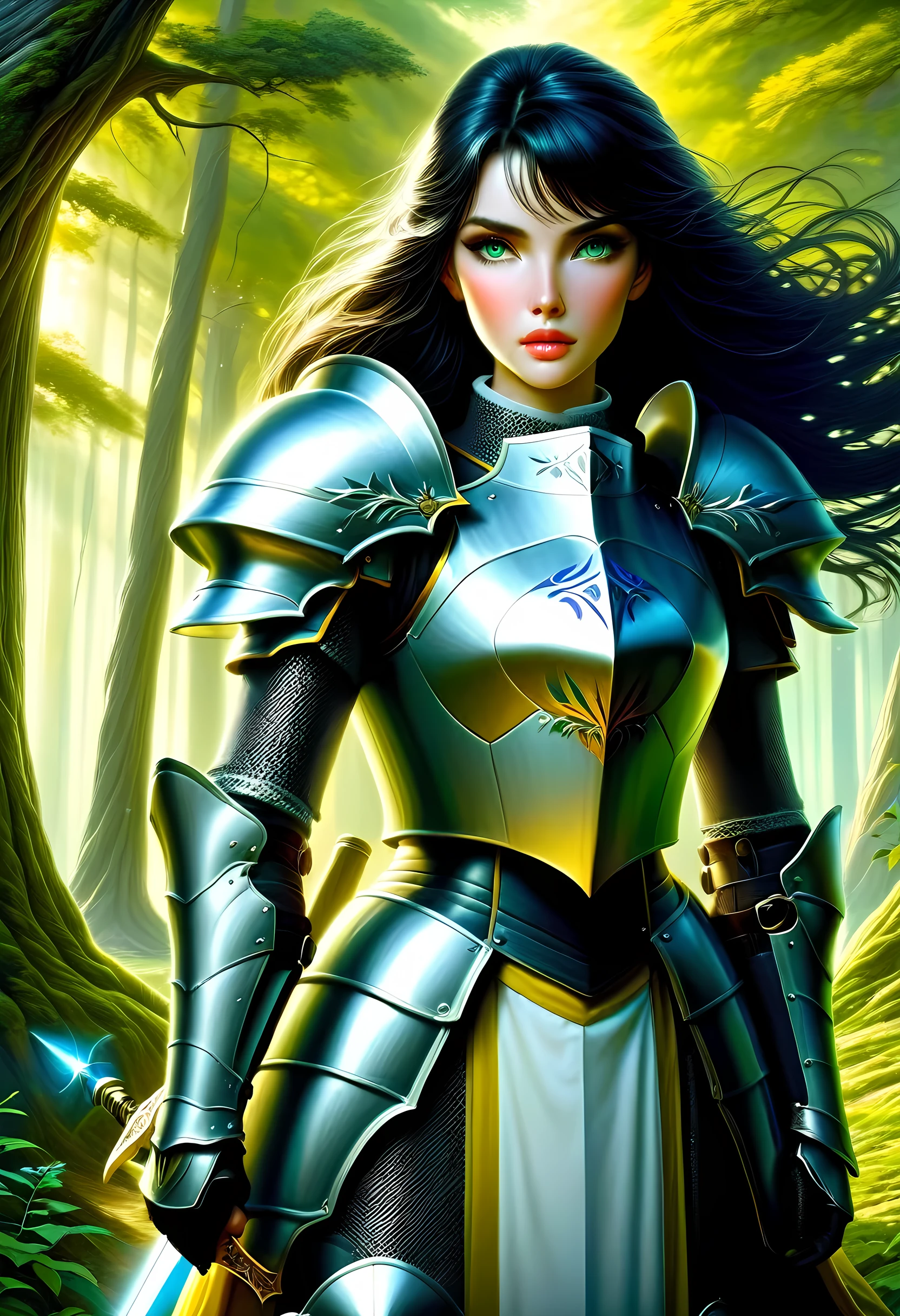 a picture of woman paladin of nature protecting the forest, a woman knight, black hair, long hair, full body (best details, Masterpiece, best quality :1.5), ultra detailed face (best details, Masterpiece, best quality :1.5), ultra feminine (best details, Masterpiece, best quality :1.5), (black hair: 1.2), long hair, braided hair, pale skin, (deep blue: 1.2) eyes, intense eyes, wearying heavy armor, (white armor: 1.2)  (best details, Masterpiece, best quality :1.5), (green cloak: 1.2) , armed with a sword, glowing sword GlowingRunes_yellow, fantasy forest background, D&D art, RPG art, magical atmosphere magic-fantasy-forest, ultra best realistic, best details, best quality, 16k, [ultra detailed], masterpiece, best quality, (extremely detailed), ultra wide shot, photorealism, depth of field, hyper realistic painting, ArmoredDress