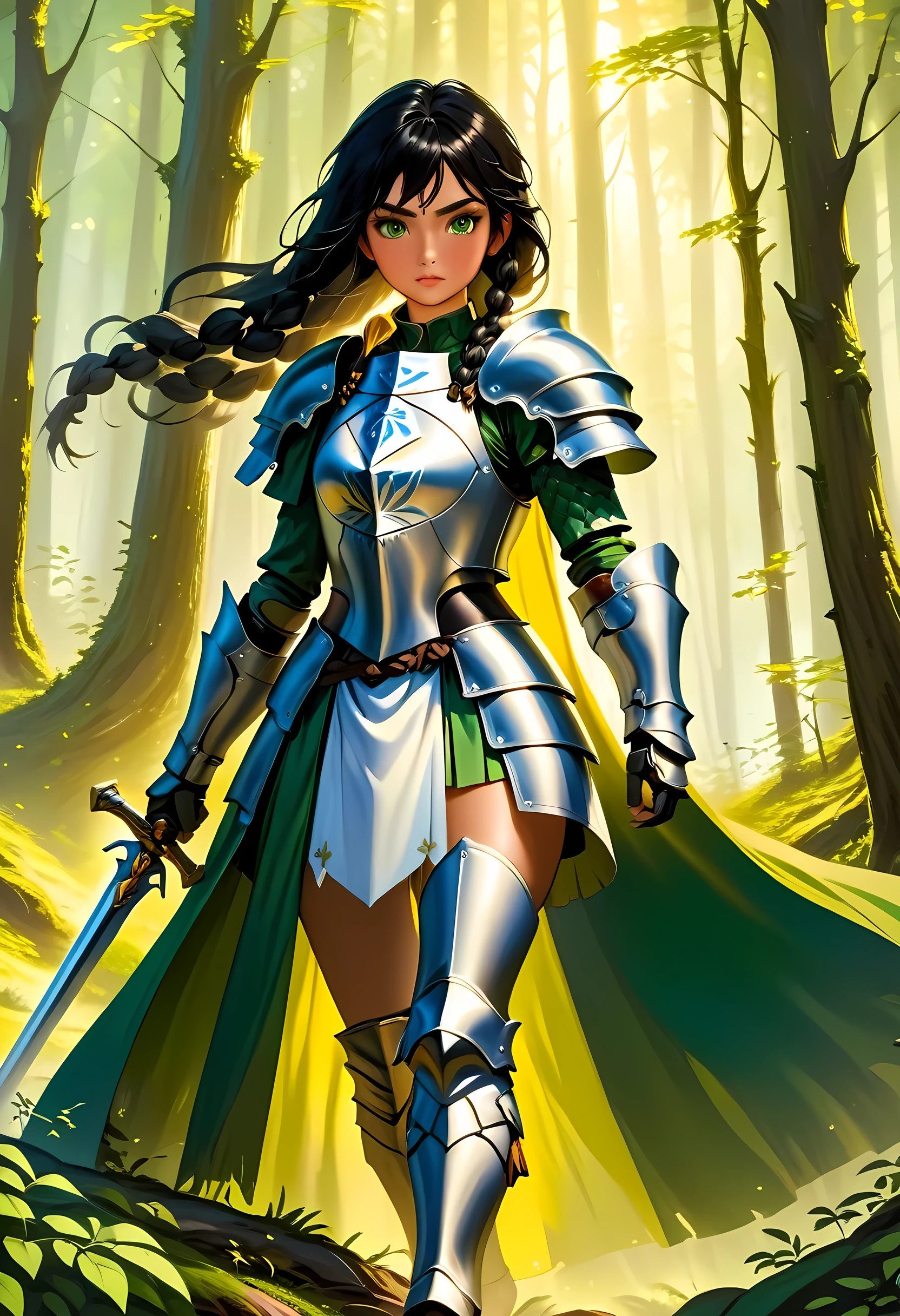 a picture of woman paladin of nature protecting the forest, a woman knight, black hair, long hair, full body (best details, Masterpiece, best quality :1.5), ultra detailed face (best details, Masterpiece, best quality :1.5), ultra feminine (best details, Masterpiece, best quality :1.5), (black hair: 1.2), long hair, braided hair, pale skin, (deep blue: 1.2) eyes, intense eyes, wearying heavy armor, (white armor: 1.2)  (best details, Masterpiece, best quality :1.5), (green cloak: 1.2) , armed with a sword, glowing sword GlowingRunes_yellow, fantasy forest background, D&D art, RPG art, magical atmosphere magic-fantasy-forest, ultra best realistic, best details, best quality, 16k, [ultra detailed], masterpiece, best quality, (extremely detailed), ultra wide shot, photorealism, depth of field, hyper realistic painting, ArmoredDress