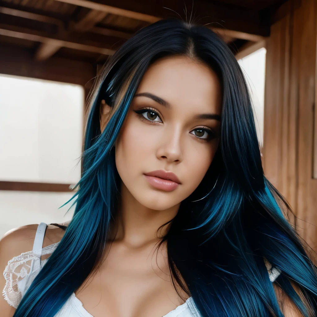 A close up of a woman with blue hair and a white top - SeaArt AI