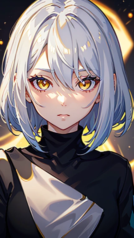 highres, superb quality, Hyper HD, Masterpiece, highly detailed, ((masterpiece)), ((young__face)), ((front view)), (glowing golden eyes), anime girl, gradient (white hair), asymmetrical bob haircut, bob haircut, asymmetrical hair, (shiny skin), white_hair, solo, ❤ love, beautiful,