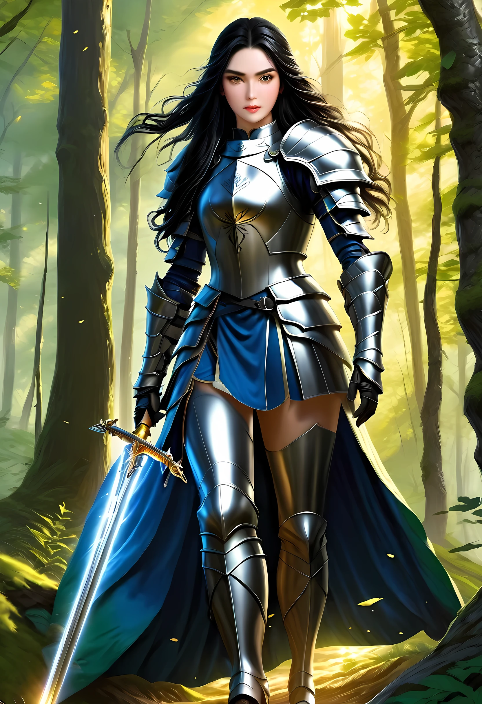 a picture of woman paladin of nature protecting the forest, a woman knight, black hair, long hair, full body (best details, Masterpiece, best quality :1.5), ultra detailed face (best details, Masterpiece, best quality :1.5), ultra feminine (best details, Masterpiece, best quality :1.5), (black hair: 1.2), long hair, braided hair, pale skin, (deep blue: 1.2) eyes, intense eyes, wearying heavy armor, (white armor: 1.2)  (best details, Masterpiece, best quality :1.5), (green cloak: 1.2) , armed with a sword, glowing sword GlowingRunes_yellow, fantasy forest background, D&D art, RPG art, magical atmosphere magic-fantasy-forest, ultra best realistic, best details, best quality, 16k, [ultra detailed], masterpiece, best quality, (extremely detailed), ultra wide shot, photorealism, depth of field, hyper realistic painting, ArmoredDress