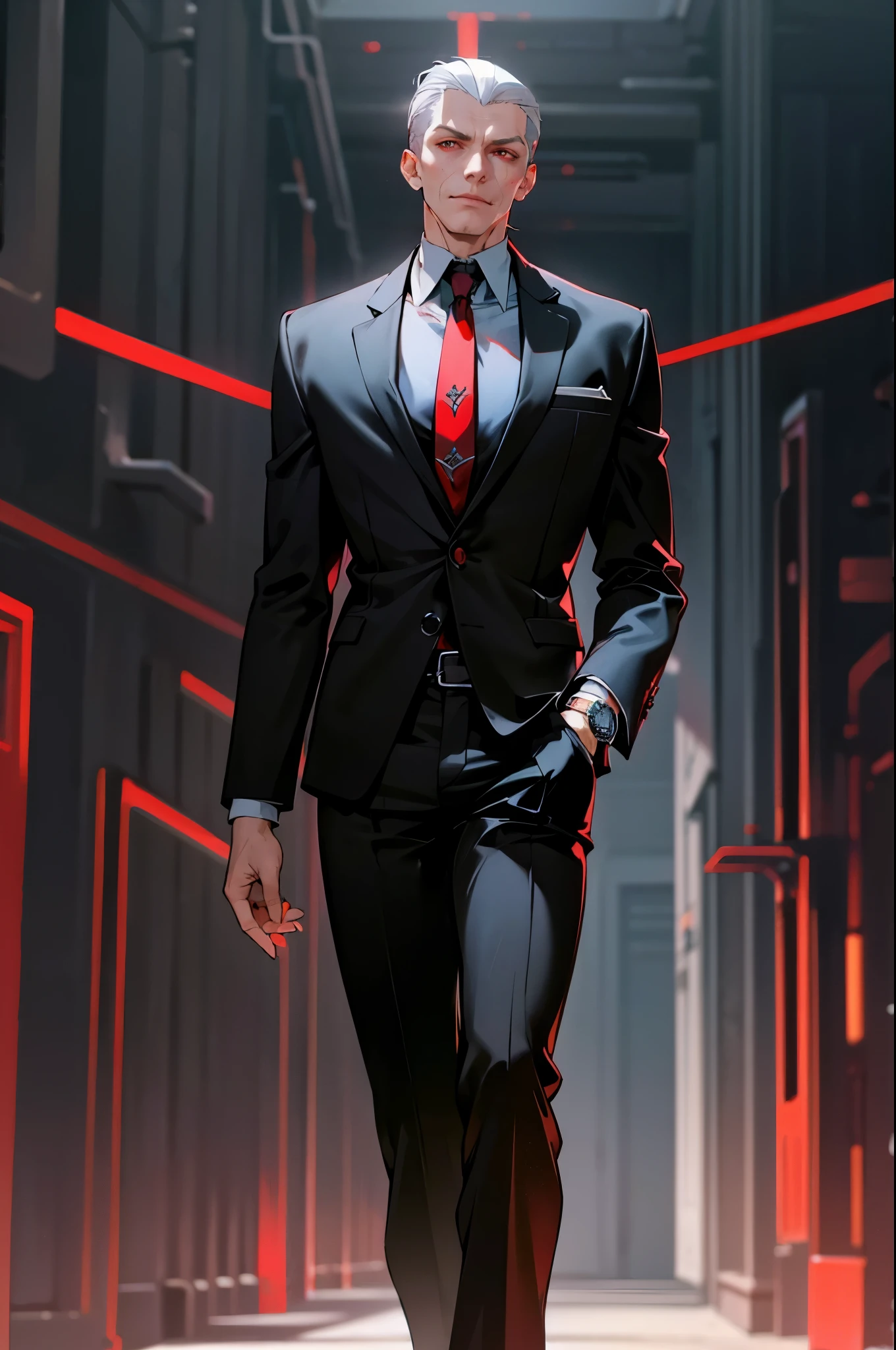 1male, Adult, Silver Hair, Short Hair, Slicked Back Hair, Black Suit, Red Tie, Cigar, Red Eyes, Night City , Standing On Path, Perfect Generation, Perfect Eyes, Black Pants, Fancy Watch, Cybepunk Facial Implant 