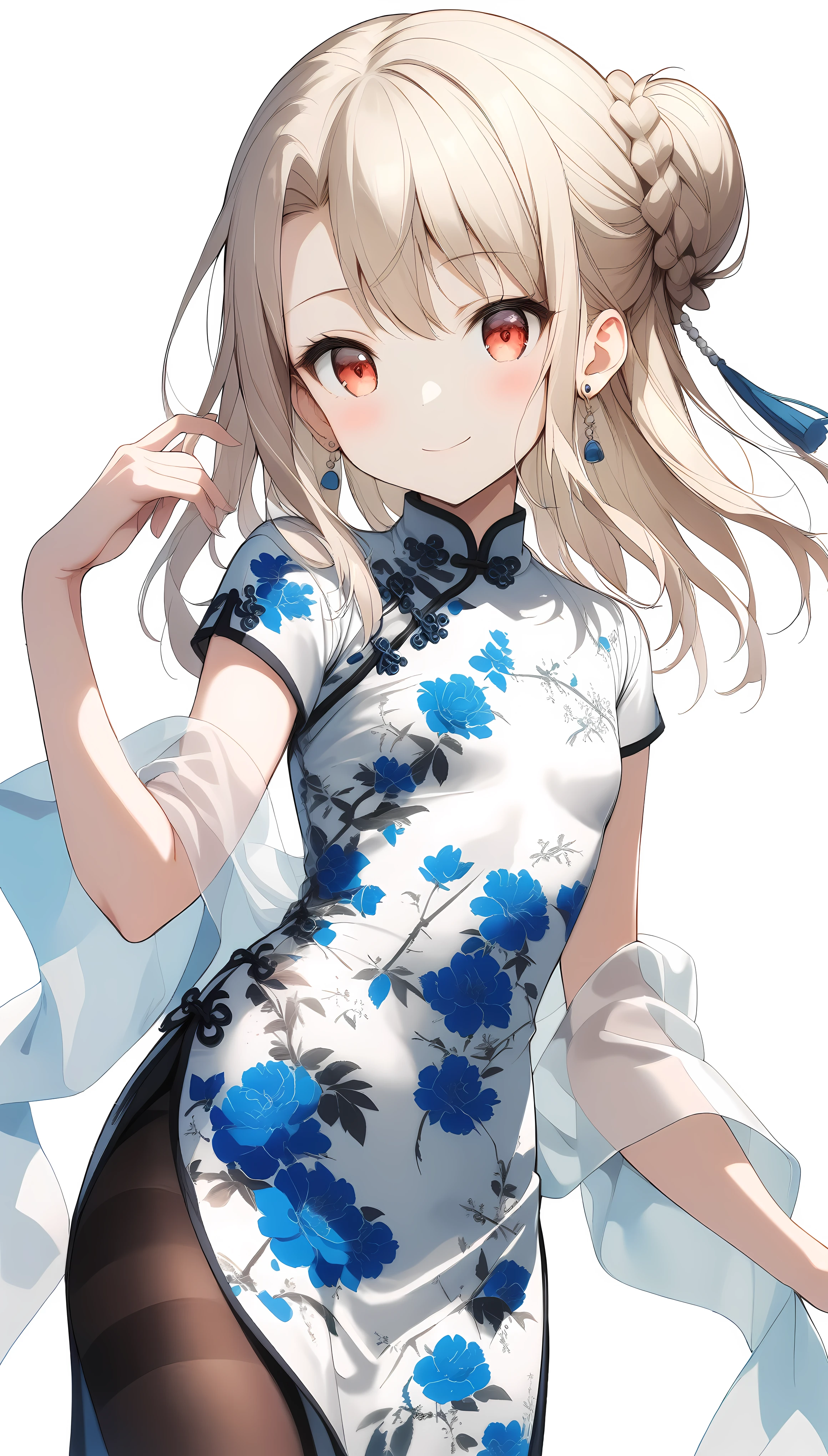 qipao,solo,1 chica,(Illyasviel von Einzbern),Rojo_eyes,crema para el cabello,(Trenza francesa),sonrisa,flor azul,senos,china vestido,ropa china,vestido,chal,pendientes,estampado floral,mano arriba,pelo largo,mirando al espectador,pantys,print vestido,fondo sencillo,sonrisa,solo,Fondo blanco