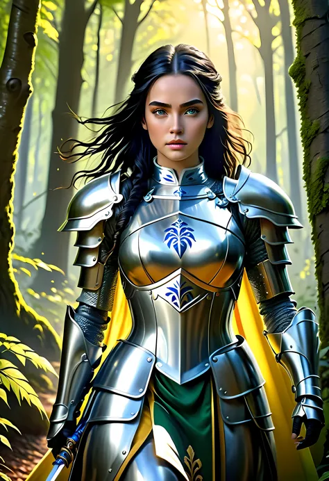 a picture of woman paladin of nature protecting the forest, a woman knight, black hair, long hair, full body (best details, mast...