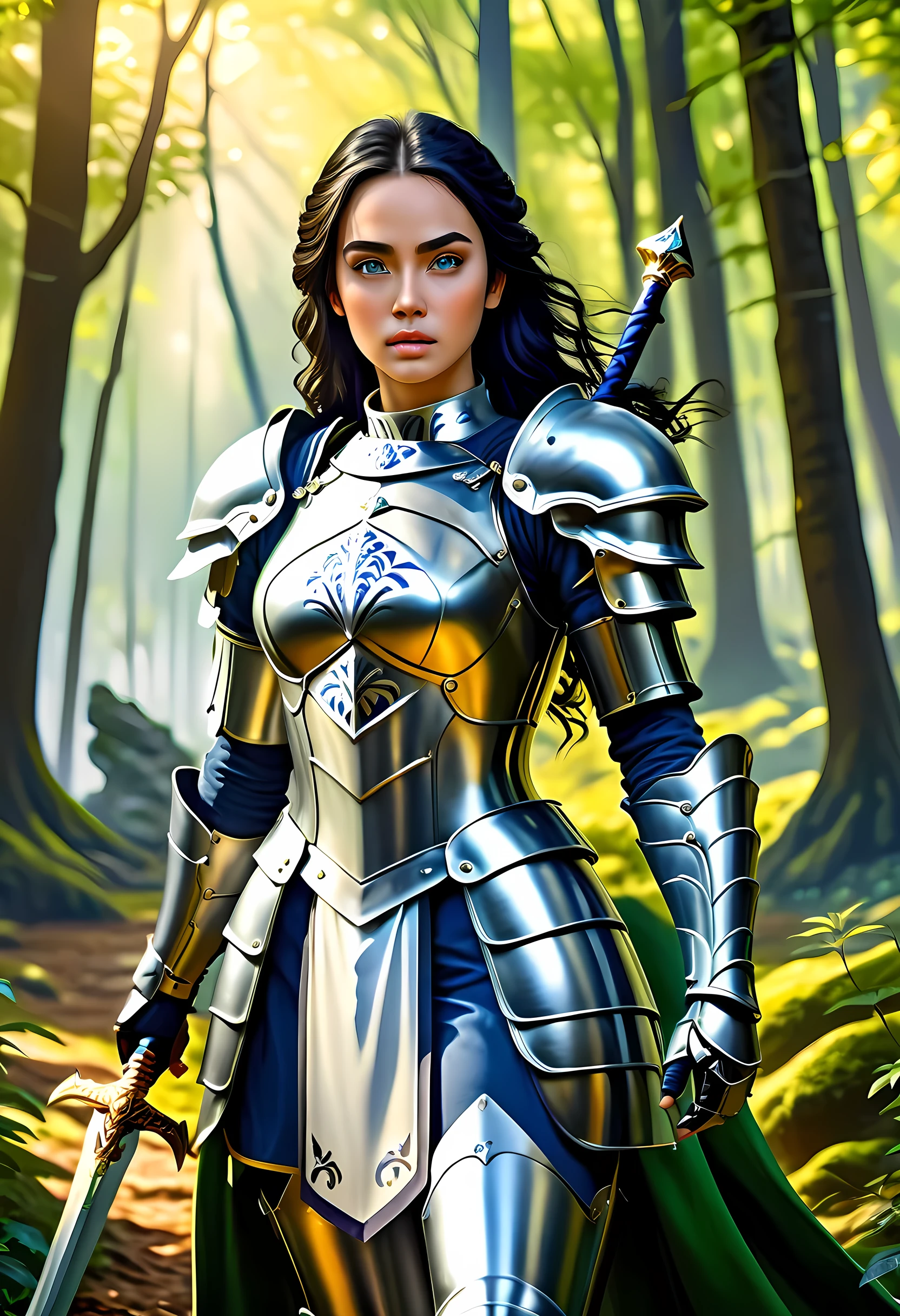 a picture of woman paladin of nature protecting the forest, a woman knight, black hair, long hair, full body (best details, Masterpiece, best quality :1.5), ultra detailed face (best details, Masterpiece, best quality :1.5), ultra feminine (best details, Masterpiece, best quality :1.5), (black hair: 1.2), long hair, braided hair, pale skin, (deep blue: 1.2) eyes, intense eyes, wearying heavy armor, (white armor: 1.2)  (best details, Masterpiece, best quality :1.5), (green cloak: 1.2) , armed with a sword, glowing sword GlowingRunes_yellow, fantasy forest background, D&D art, RPG art, magical atmosphere magic-fantasy-forest, ultra best realistic, best details, best quality, 16k, [ultra detailed], masterpiece, best quality, (extremely detailed), ultra wide shot, photorealism, depth of field, hyper realistic painting, ArmoredDress