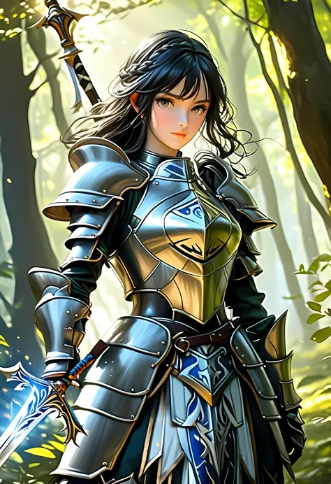 a picture of woman paladin of nature protecting the forest, a woman knight, black hair, long hair, full body (best details, Mast...