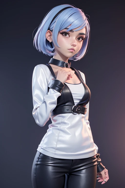 Chica y collar en el cuello., anime estilo 3d, anime estilizado, chica de pelo plateado, anime estilizado, Modelo de Youtuber virtual Live2D, chica de pelo plateado, render de una linda chica anime 3d, Chica blanca de pelo corto, Moe anime art style, Rem Resero, pelo plateado, estilo animado. 10