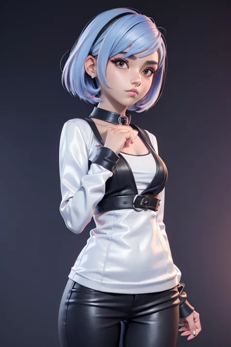 chica y collar en el cuello., anime estilo 3d, anime estilizado, chica de pelo plateado, anime estilizado, modelo de youtuber vi...