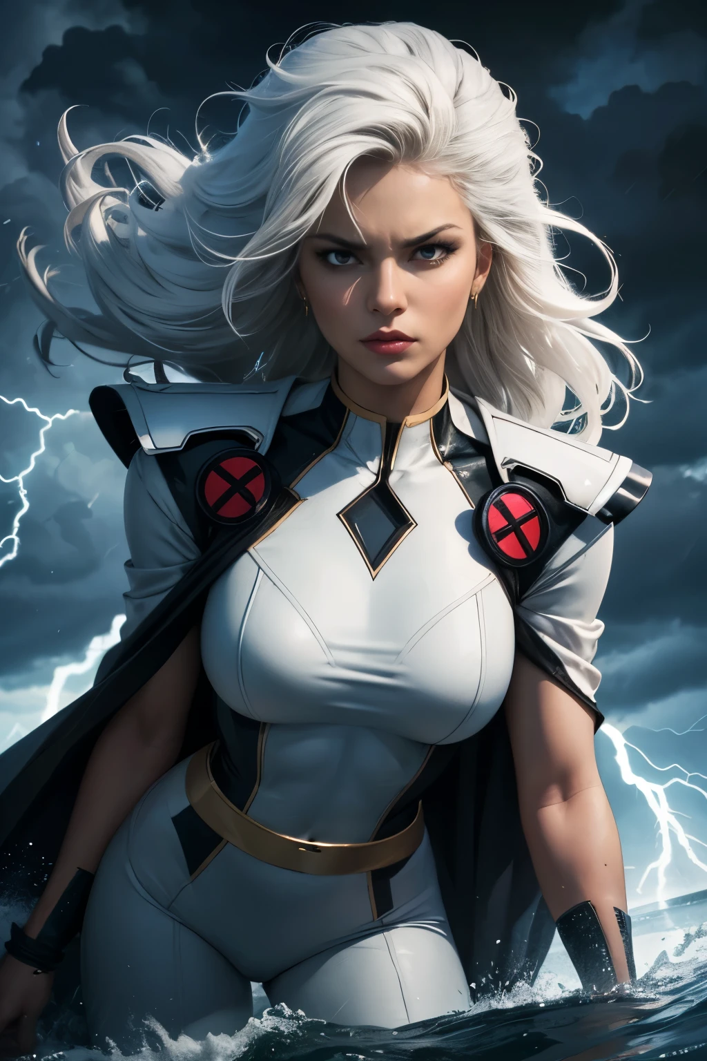 best quality,highres,ultra-detailed,realistic:1.37,professional,dynamic,action shot,storm character art,storm from the X-Men,storm conjuring lightning,storm with flowing white hair,storm with intense gaze,storm in a powerful pose,strong facial features,storm's iconic cape,storm surrounded by storm clouds,storm with dramatic lighting,storm's eyes glowing white,storm's lightning powers crackling,storm with an intense expression,storm with a determined look,storm wearing her classic costume,storm floating in the air,storm with winds swirling around her,storm creating a thunderstorm,storm casting lightning bolts,storm's cape billowing in the wind,storm with a fierce and confident posture,vivid colors,bokeh,portrait