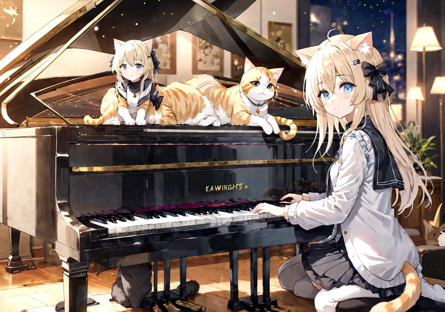 anime girl playing piano with cat sitting on the piano, cat [ playing a piano ], nightcore, kawacy, full piano, pianist, playing piano, piano in the background, from arknights, piano, anime cat, anime highly detailed, official artwork, anime cover, fine details. girls frontline, nyaruko-san, from girls frontline, guweiz