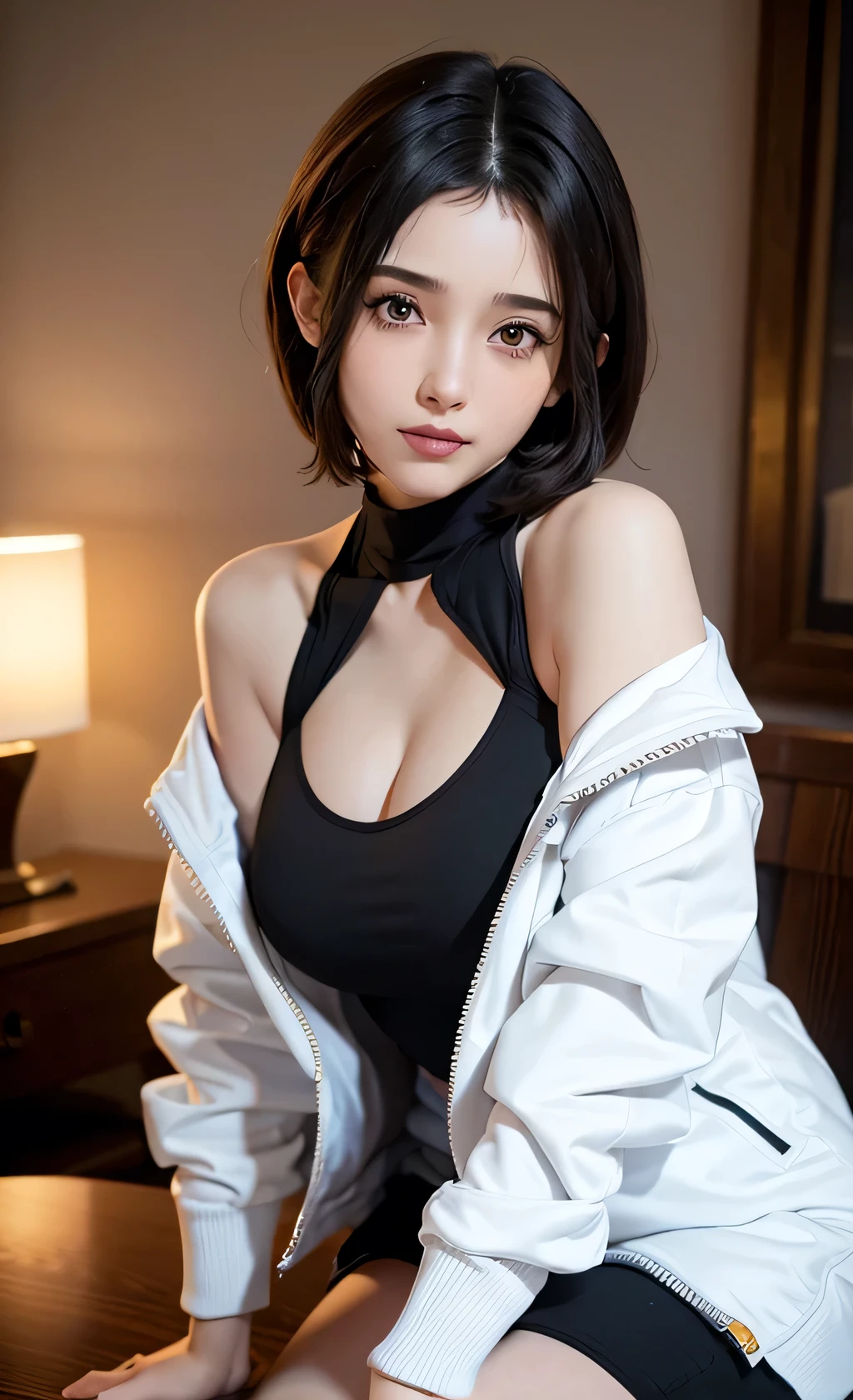 (Masterpiece:1.3), (8K, reality, Raw image, Best quality: 1.4), (1girl), Beautiful Face, (real face), (Black hair, short hair:1.3), Beautiful hairstyle, reality eyes, Beautiful detailed eyes, (Reality skin), Beautiful skin, Big breasts, exposed shoulders, (Jacket), Absurdities, Attractive, Very high accuracy, reality للغاية, Very detailed, Golden Ratio, Complex configuration without errors 