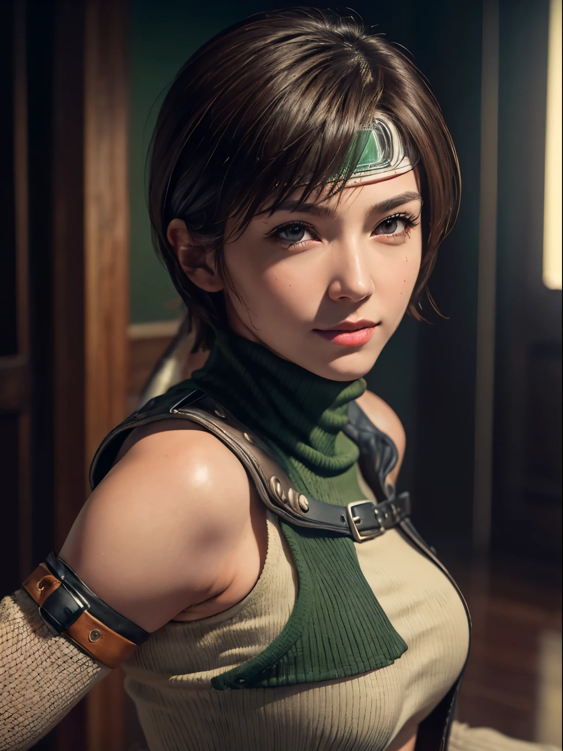 (masterpiece, best quality:1.4), (future days), (fighting:1.5), (full body), (from front), (1girl), solo, (european youth:1), 1girl, short hair, headband navel, sleeveless, turtleneck, brown eyes, sleeveless turtleneck, solo, breasts, looking at viewer, sexy smile, gloves, crop top, brown hair, shorts, midriff, armor, sweater, open fly, fingerless gloves, ribbed sweater, medium breasts, yufi_kisaragi_01, girlhyperrealistic, high detailed skin, dslr, soft lighting, high quality, highly detailed face, highly detailed skin, skin pores, subsurface scattering, realistic pupils, medium breast, full face blush, full lips, detailed background, depth of field, volumetric lighting, sharp focus, absurdres, realistic proportions, good anatomy, (realistic, hyperrealistic:1.4), 16k hdr,