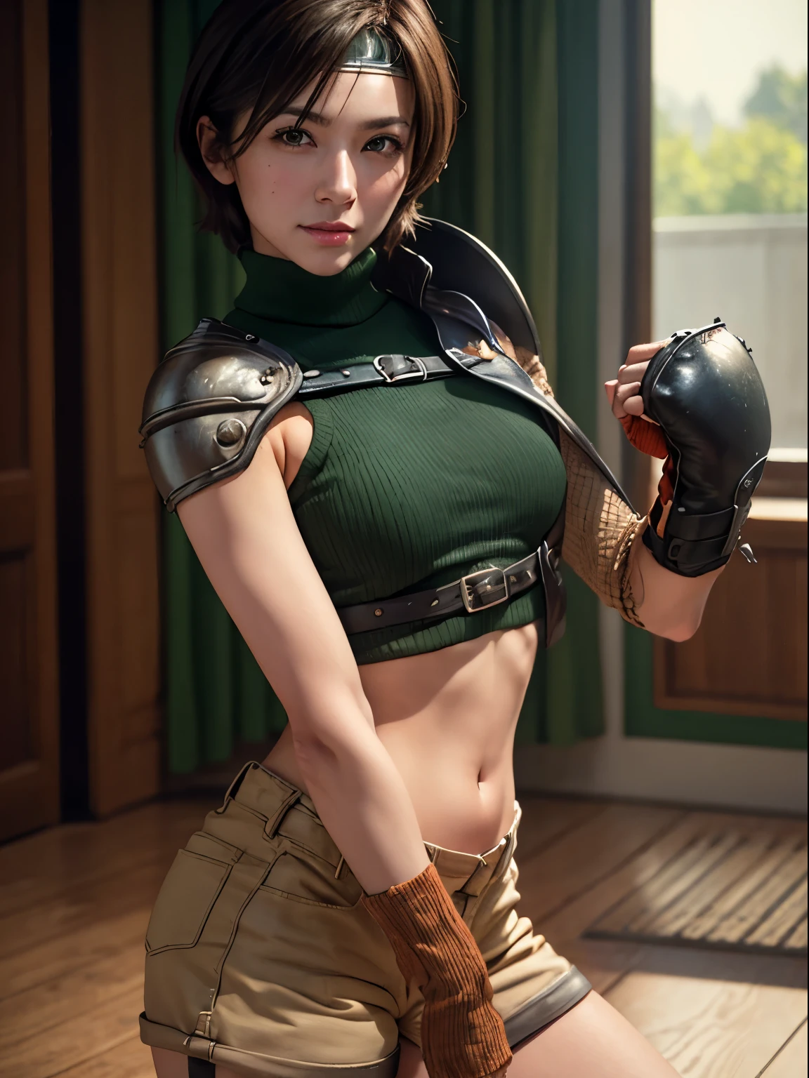 (masterpiece, best quality:1.4), (future days), (fighting:1.5), (full body), (from front), (1girl), solo, (european youth:1), 1girl, short hair, headband navel, sleeveless, turtleneck, brown eyes, sleeveless turtleneck, solo, breasts, looking at viewer, sexy smile, gloves, crop top, brown hair, shorts, midriff, armor, sweater, open fly, fingerless gloves, ribbed sweater, medium breasts, yufi_kisaragi_01, girlhyperrealistic, high detailed skin, dslr, soft lighting, high quality, highly detailed face, highly detailed skin, skin pores, subsurface scattering, realistic pupils, medium breast, full face blush, full lips, detailed background, depth of field, volumetric lighting, sharp focus, absurdres, realistic proportions, good anatomy, (realistic, hyperrealistic:1.4), 16k hdr,