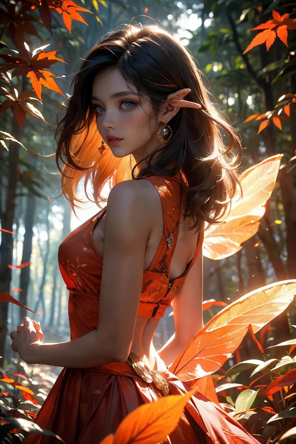 C&#39;est un ((ultra détaillé)) et ((meilleure qualité)) fantaisie (((chef-d&#39;œuvre))). Generate a beautiful wood faerie steting in the middle of a magical forest. Detailed leaves of oranges et reds float through the air et seem to swirl in a strong gust of vent. le ((les yeux des fées sont importants)) et are beautiful eyes, ((Des yeux réalistes et détaillés)), yeux intéressants, et (((yeux colorés))) avec des motifs complexes. Her clothes are soft et in autumnal hues, avec de la soie fluide qui danse dans la brise. Utiliser ((composition dynamique)) et cinematic lighting to create a compelling image. Inclure de beaux yeux, (lèvres gonflées), feuilles d&#39;oranger, feuilles rouges détaillées, rayons de lumière brumeux, vent, froid 