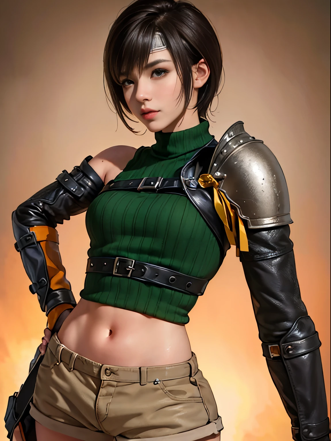 Masterpiece, Best quality:1.4), (1girll), Solo, (European youth:1), 1girll, Short hair, Headband navel, Sleeveless, Turtleneck, Brown eyes, sleeveless turtleneck, Solo, Breasts, view the viewer, Sexy smile, mitts, Crop top, Brown hair, Shorts, midriff, Armor, Sweater, open fly, Fingerless gloves, ribbed sweater, Medium breasts, Yuffie_Kisaragi_01, Girls surreal, highdetailskin, Digital SLR, Soft lighting, High quality, Highly detailed face, Highly detailed skin, skin pore, Subsurface scattering, Realistic pupils, Medium breast, full pouty lips, Detailed background, Depth of field, Sharp focus, absurderes, Realistic proportions, Good anatomy, (Realistic, Hyperrealistic:1.4), 16K HD,
