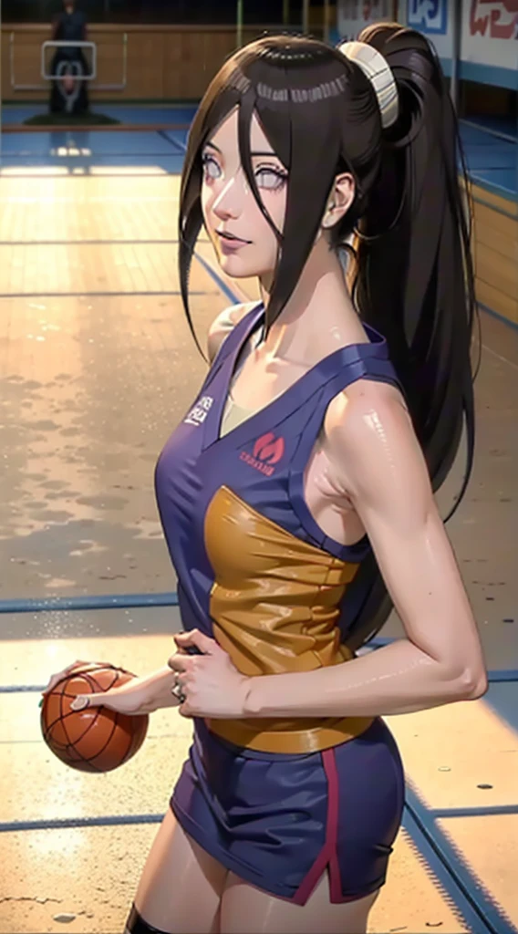 hyuuga hanabi, cabelo longo amarrado baixo, elástico de cabelo, hana olhos roxos, rabo de cavalo, lindo, lindo woman, corpo perfeito, Seios perfeitos, vestindo uma camisa de basquete, Na quadra de basquete, segurando uma bola de basquete, cesta de basquete, olhando para o público, pequeno sorriso, Realismo, obra de arte, Pele texturizada, Super Detalhe, alto detalhe, alta qualidade, melhor qualidade, 1080p, 16k