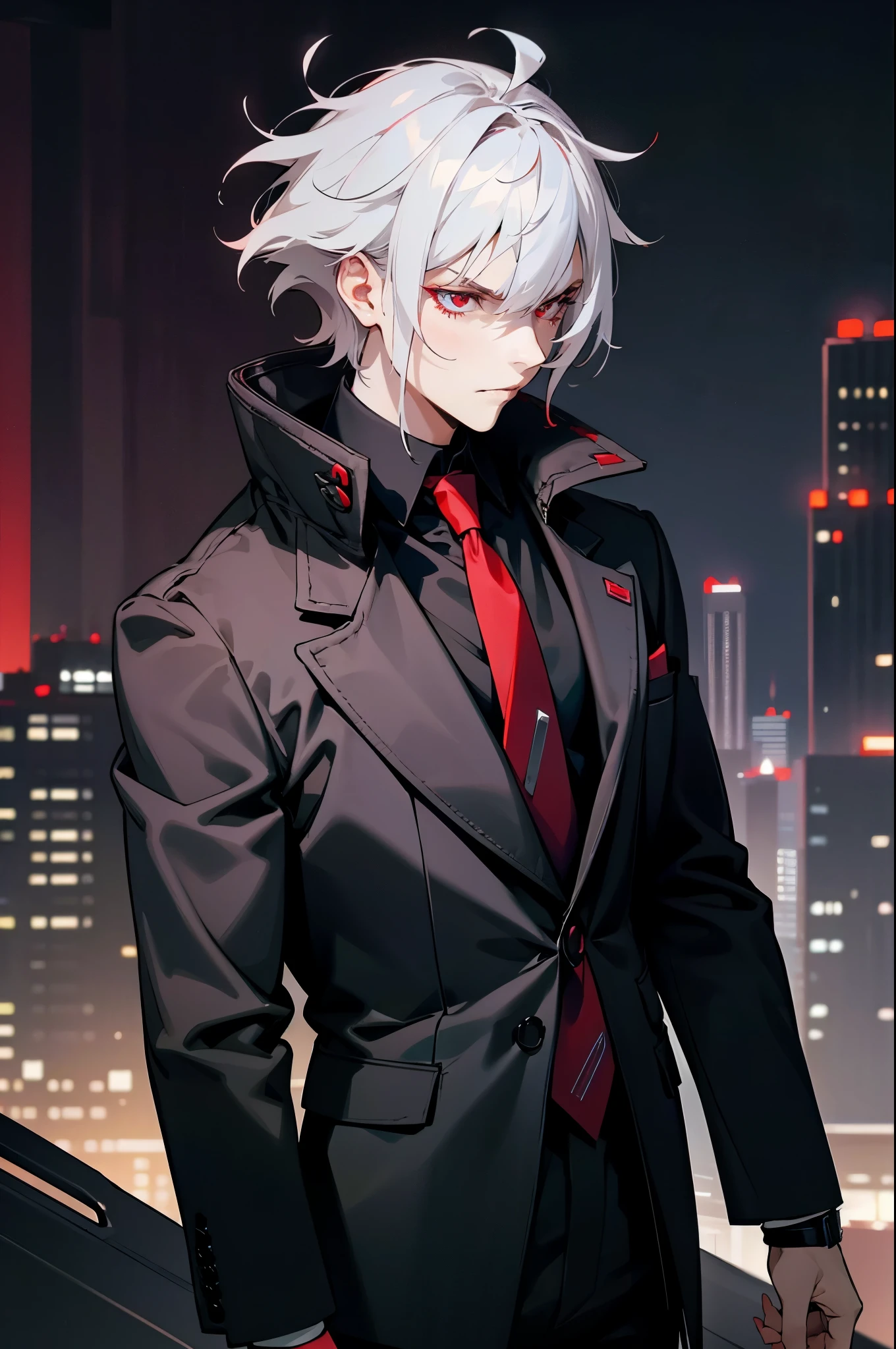 1male, Adult, Silver Hair, Short Hair, Black Suit, Red Tie, Red Eyes, Perfect Generation, Perfect Eyes, Black Pants, Fancy Watch, Cybepunk Facial Implant, City, Night Time, Messy Hair, Serious Face