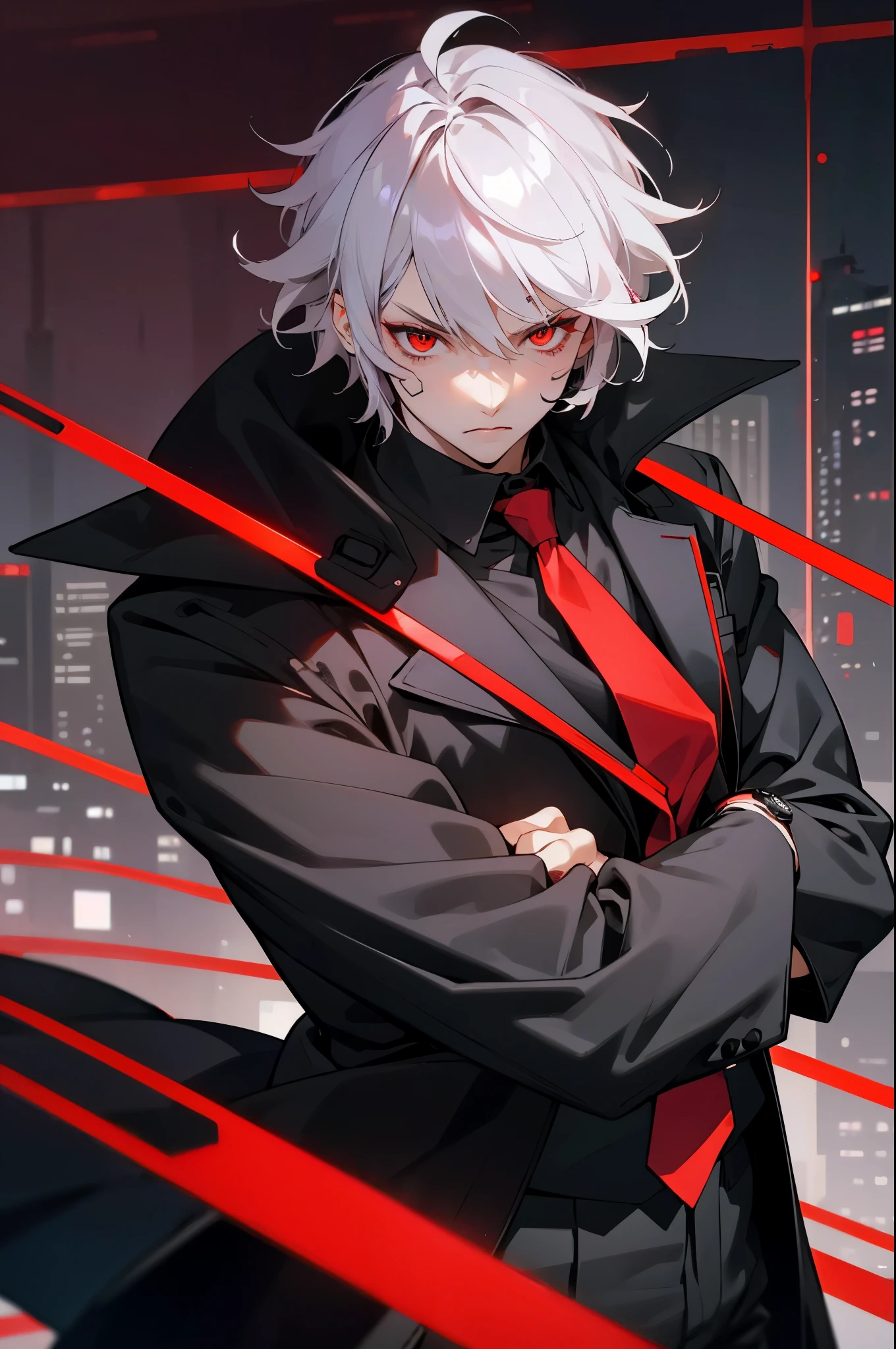 1male, Adult, Silver Hair, Short Hair, Black Suit, Red Tie, Red Eyes, Perfect Generation, Perfect Eyes, Black Pants, Fancy Watch, Cybepunk Facial Implant, City, Night Time, Messy Hair, Serious Face