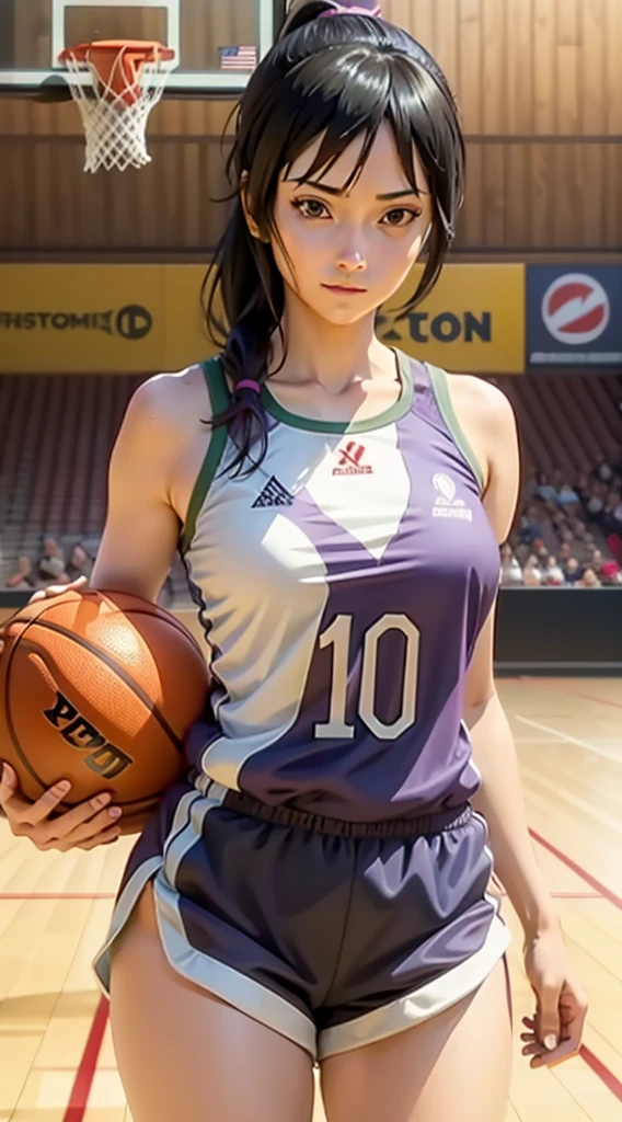 Shizune, long hair tied low, hair band, hana purple eyes, ponytail, beautiful, beautiful woman, perfect body, perfect breasts, wearing a basketball jersey, on the basketball court, holding a basketball, basketball hoop, looking at the audience, little smile, realism, masterpiece, textured skin, super detail, high detail, high quality, best quality, 1080p, 16k