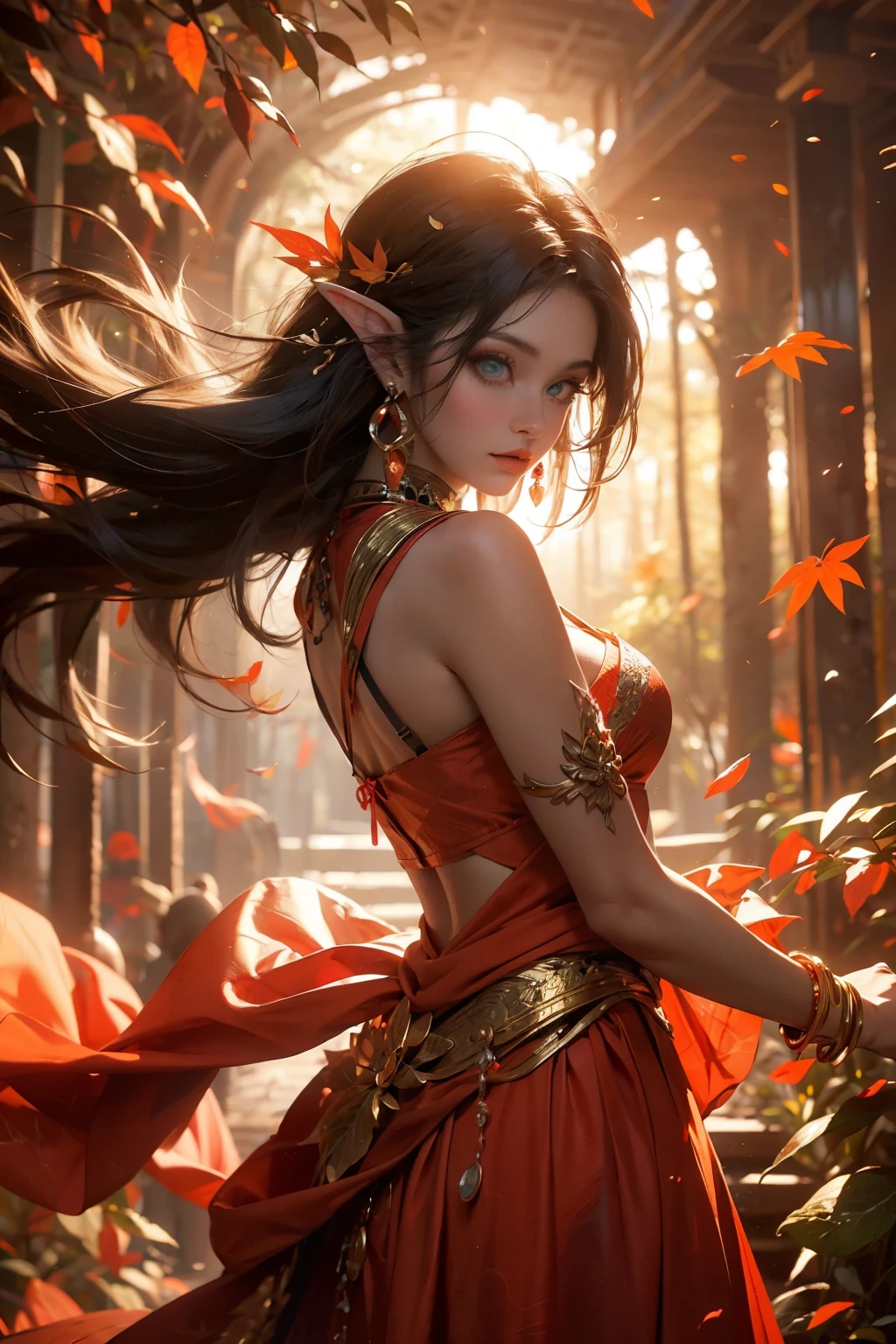 这是一 ((极其详细)) 和 ((最好的质量)) 幻想 (((杰作))). Generate a beautiful wood faerie st和ing in the middle of a magical forest. Detailed leaves of oranges 和 reds float through the air 和 seem to swirl in a strong gust of 风. 这 ((仙子的眼睛很重要)) 和 are beautiful eyes, ((逼真的眼睛)), 有趣的眼睛, 和 (((彩色的眼睛))) 具有复杂的图案. Her clothes are soft 和 in autumnal hues, 飘逸的丝绸在微风中翩翩起舞. 利用 ((动态合成)) 和 cinematic lighting to create a compelling image. 包括美丽的眼睛, (嘴唇浮肿), 橙叶, 红色细节叶子, 朦胧的光线, 风, 寒冷的 