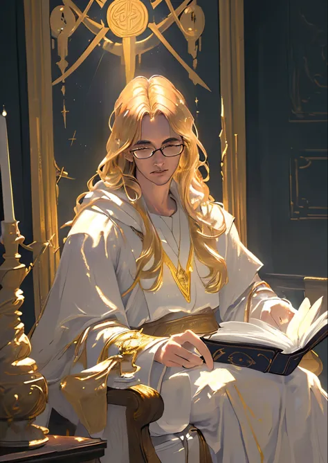 (best quality, ultra-detailed, photorealistic:1.37), male, golden hair, wearing glasses, dressed in a white robe, a wizard, hold...